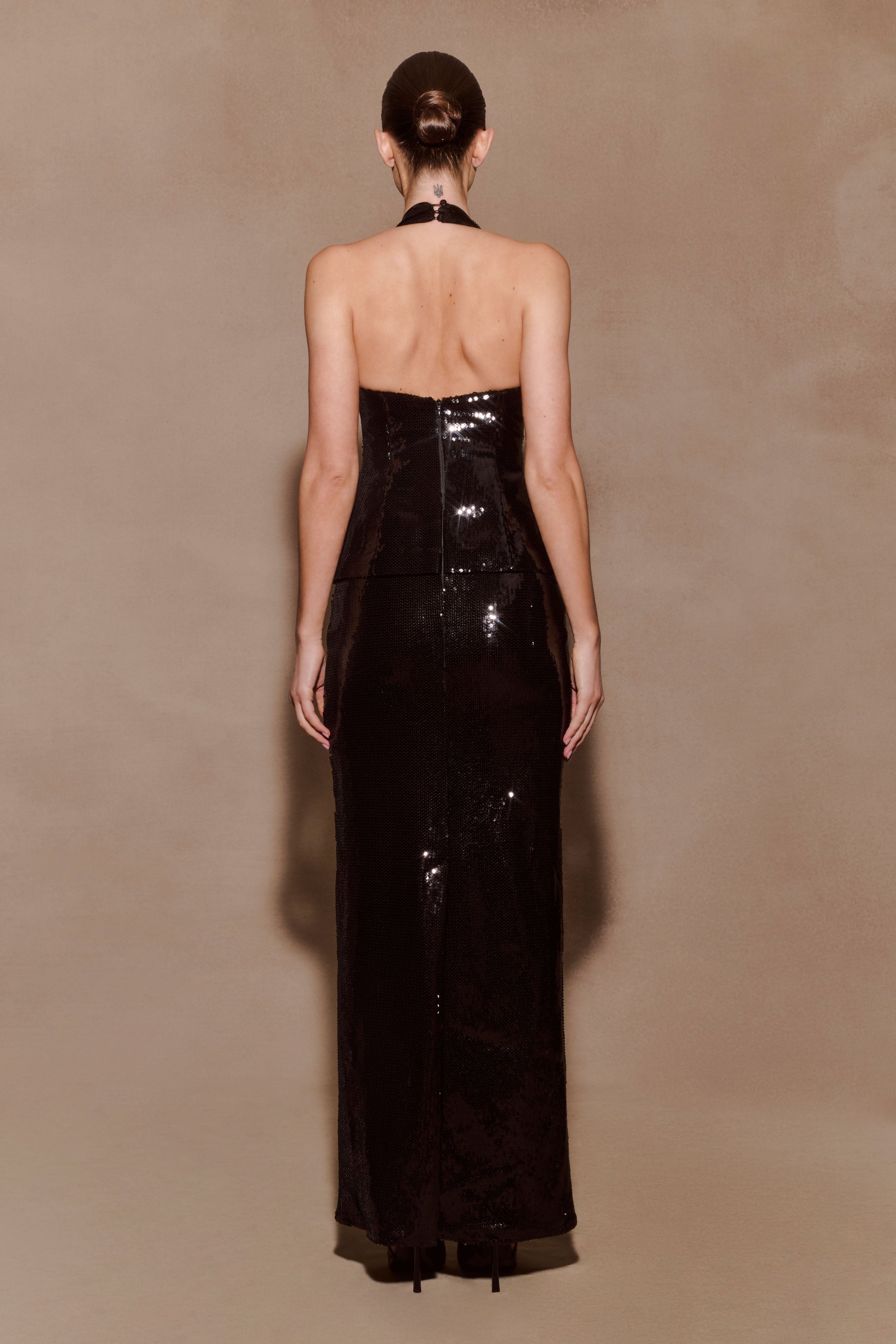 Bertie Sequin Peplum Halter Maxi Dress