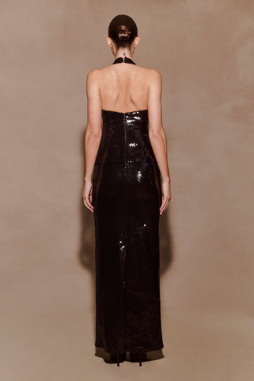 Bertie Sequin Peplum Halter Maxi Dress