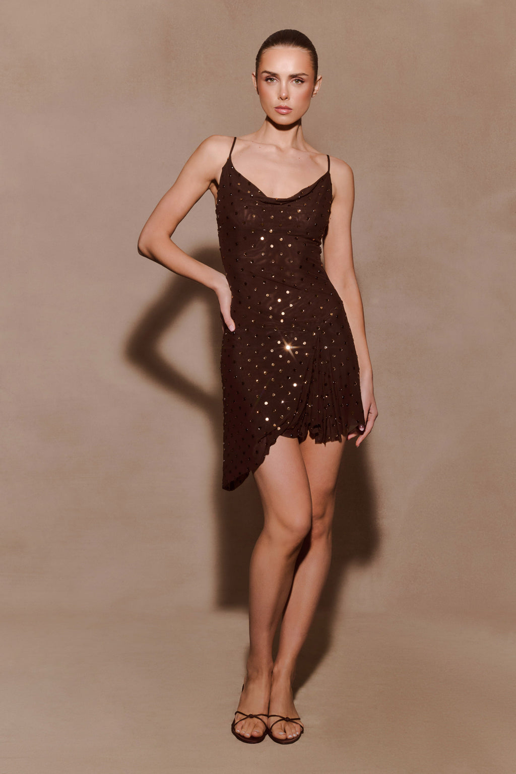 Zahra Diamante Cowl Mini Dress in Chocolate – Chic&Drifts