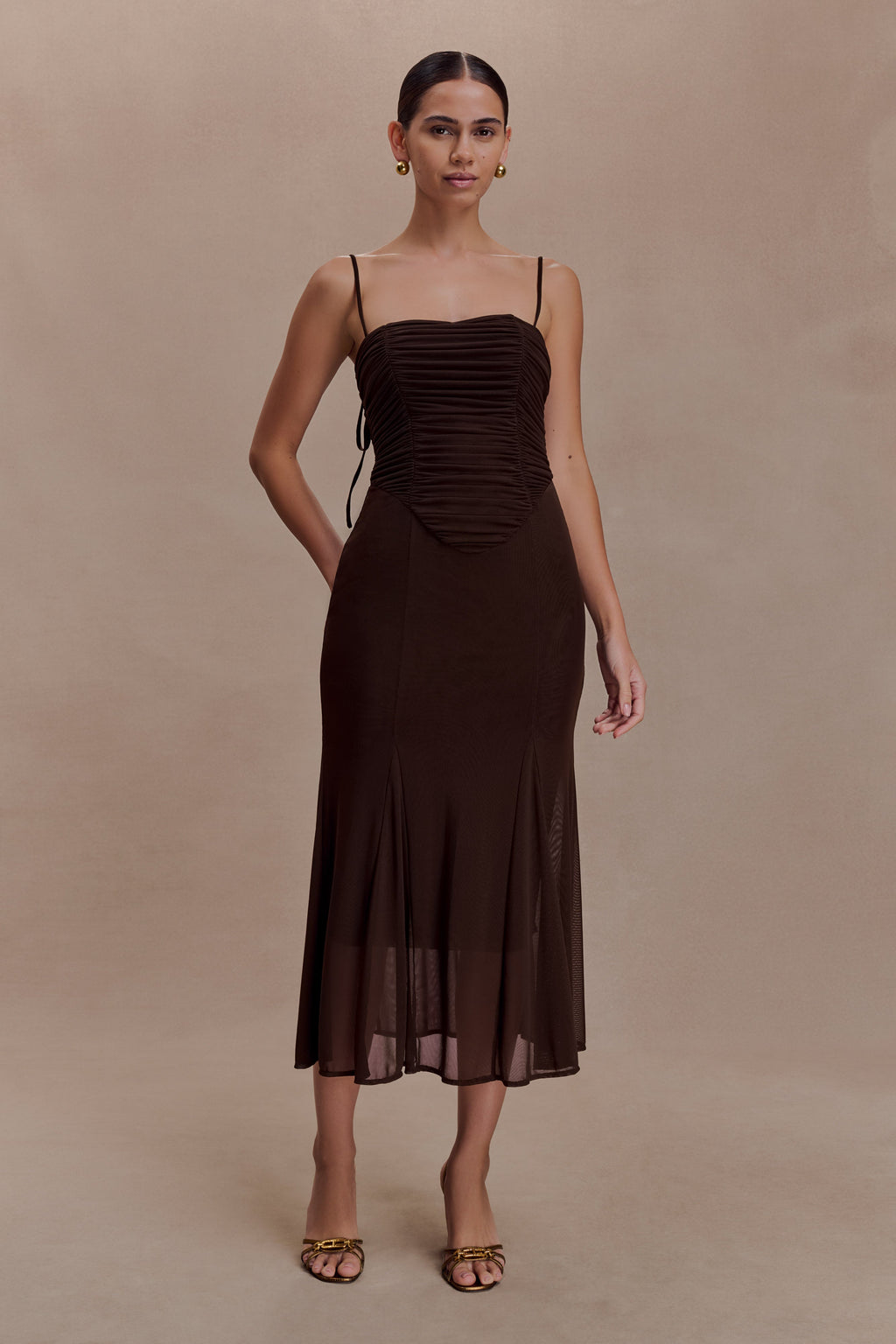 Willa Gathered Mesh Midi Dress