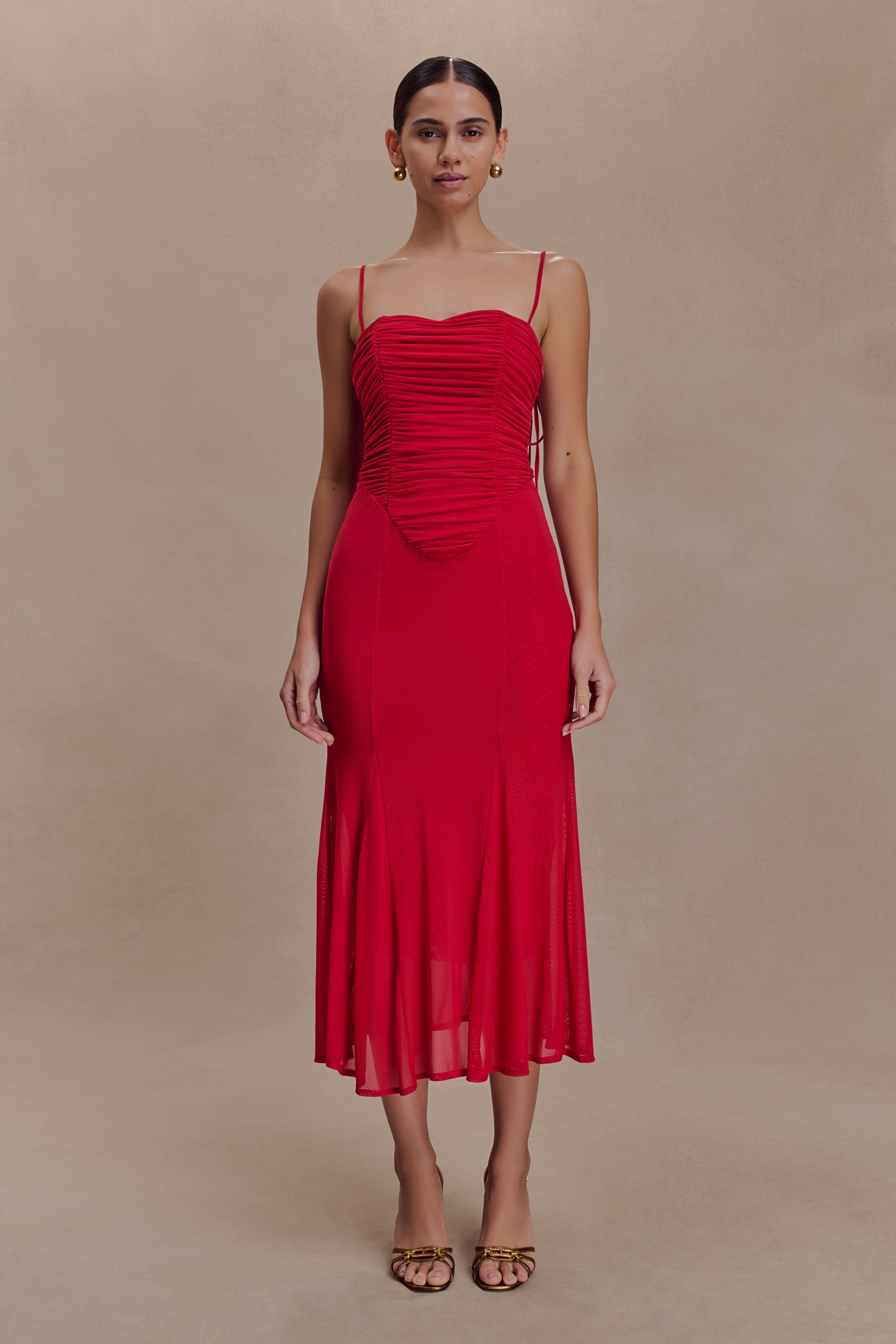Willa Gathered Mesh Midi Dress