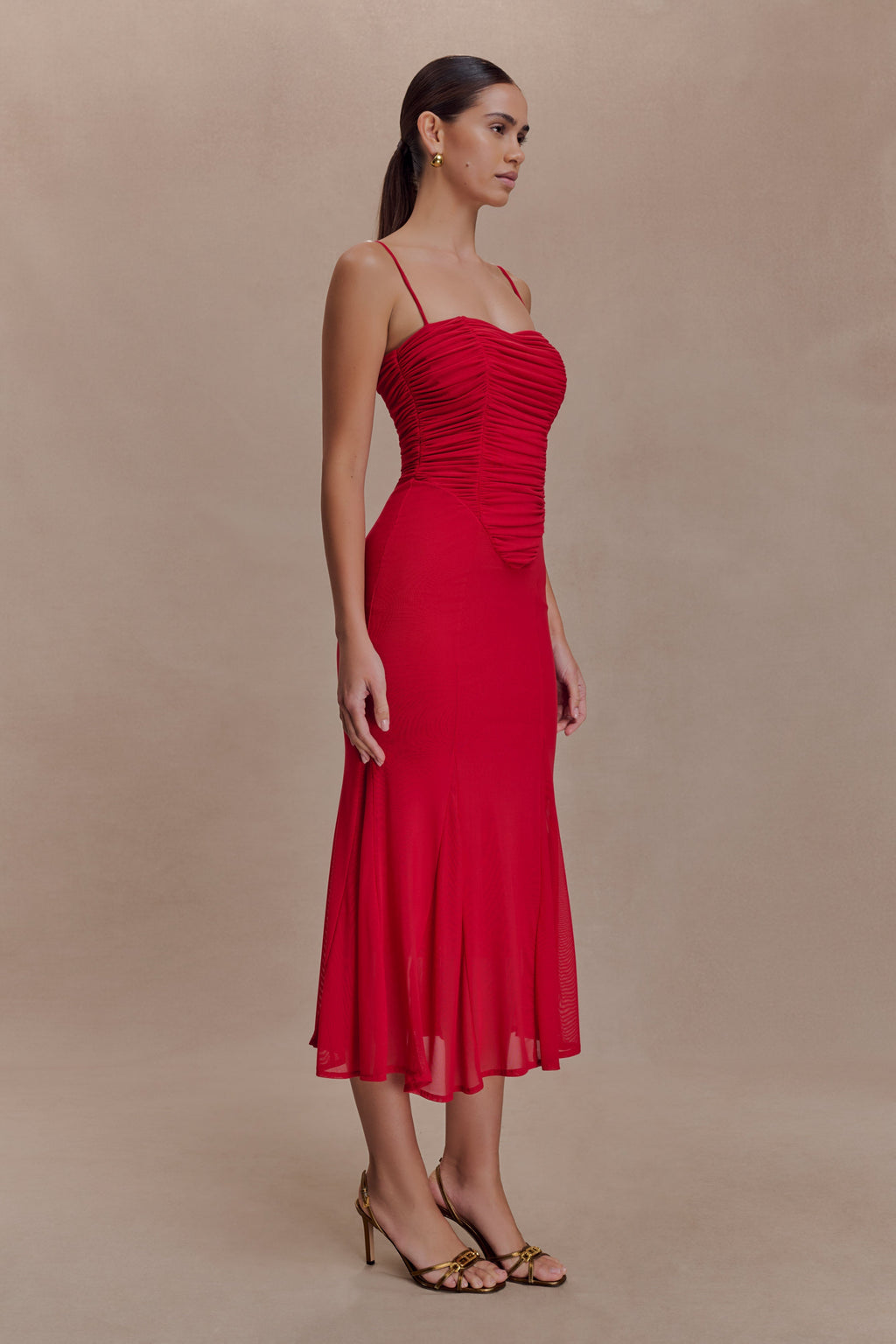 Willa Gathered Mesh Midi Dress
