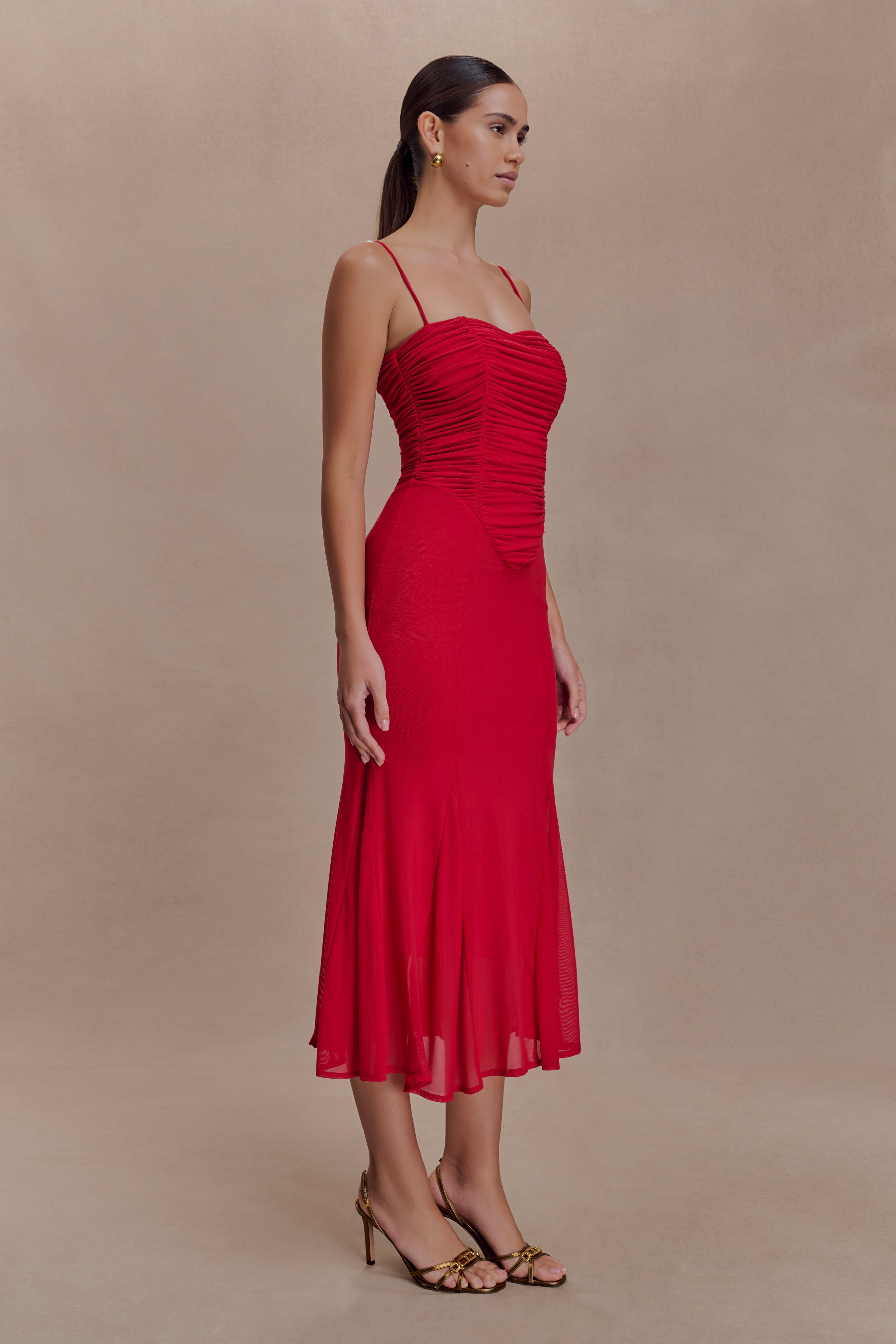 Willa Gathered Mesh Midi Dress