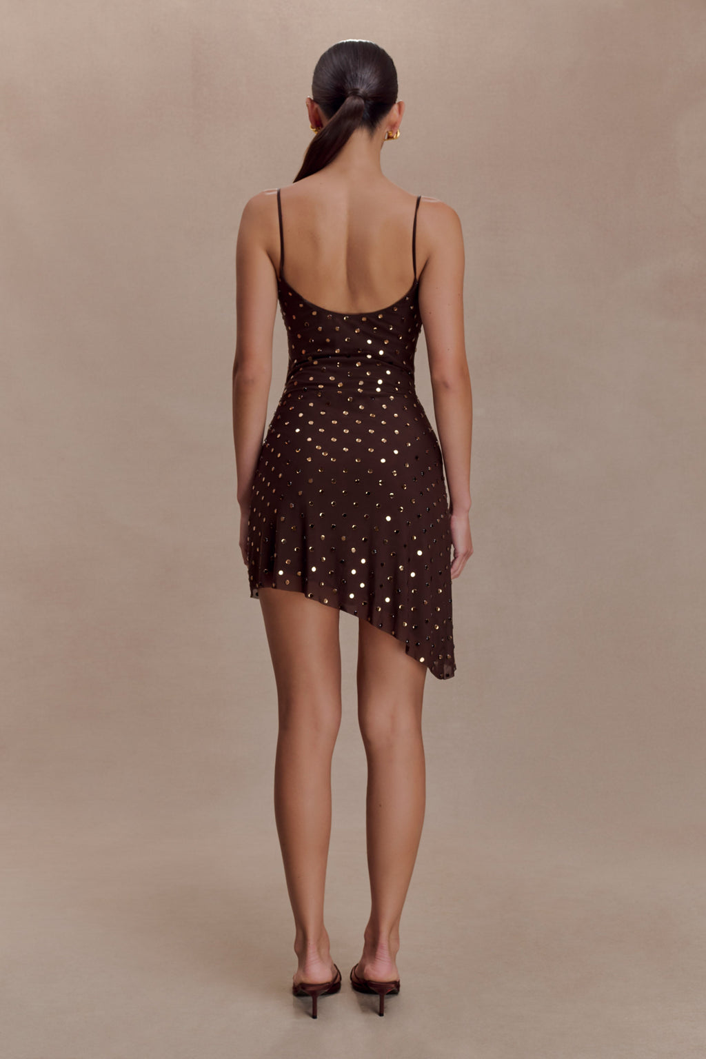 Zahra Diamante Cowl Mini Dress in Chocolate – Chic&Drifts