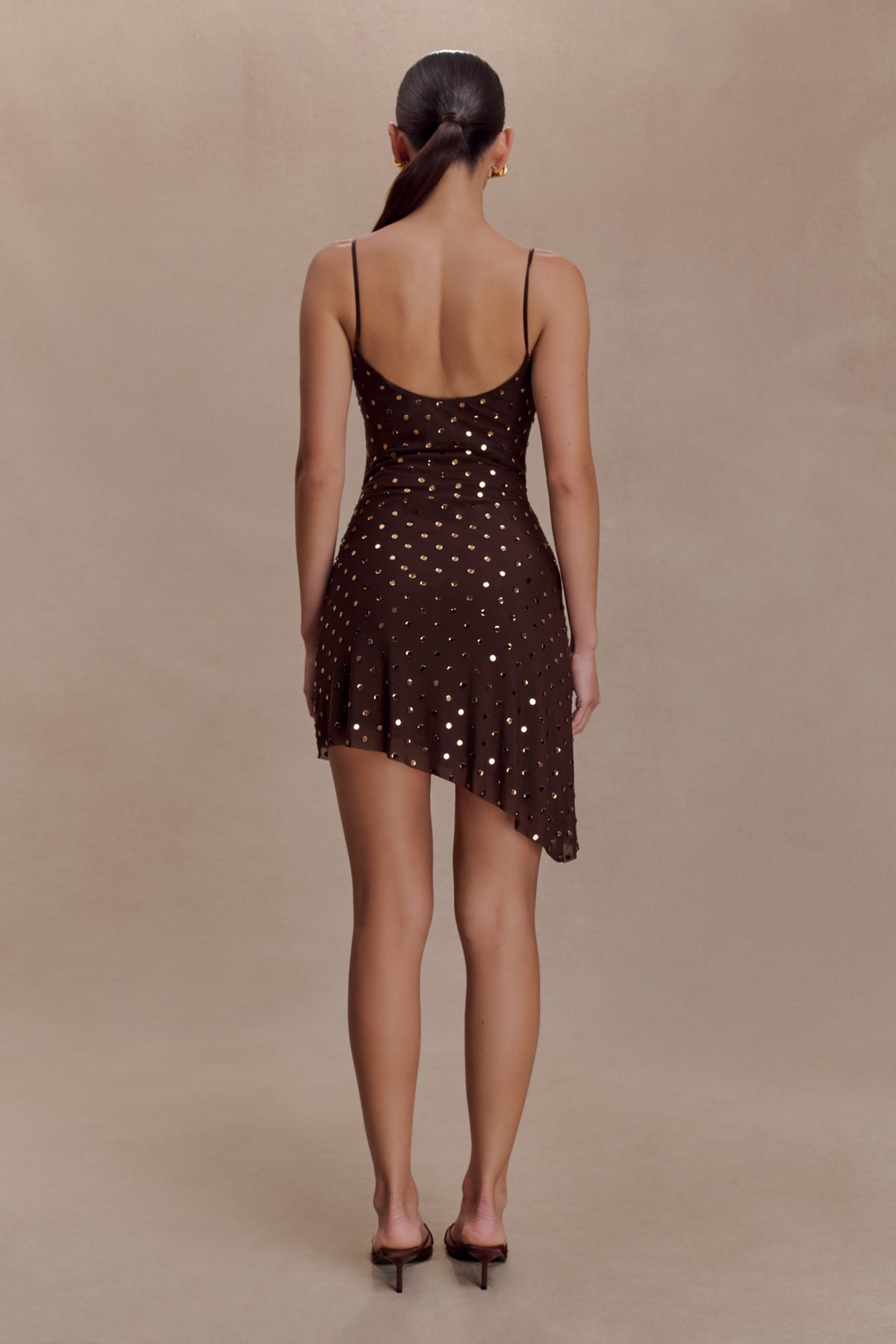 Zahra Diamante Cowl Mini Dress in Chocolate – Chic&Drifts