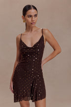 Zahra Diamante Cowl Mini Dress in Chocolate – Chic&Drifts