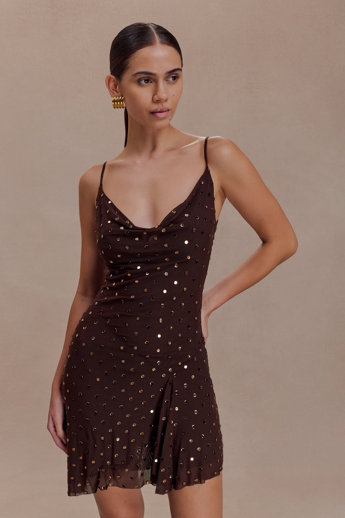 Zahra Diamante Cowl Mini Dress in Chocolate – Chic&Drifts