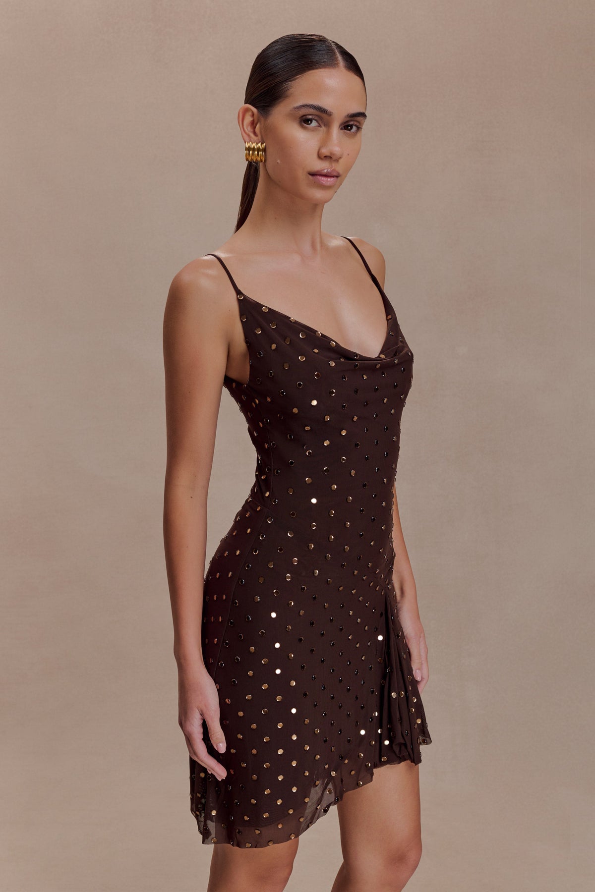 Zahra Diamante Cowl Mini Dress in Chocolate – Chic&Drifts