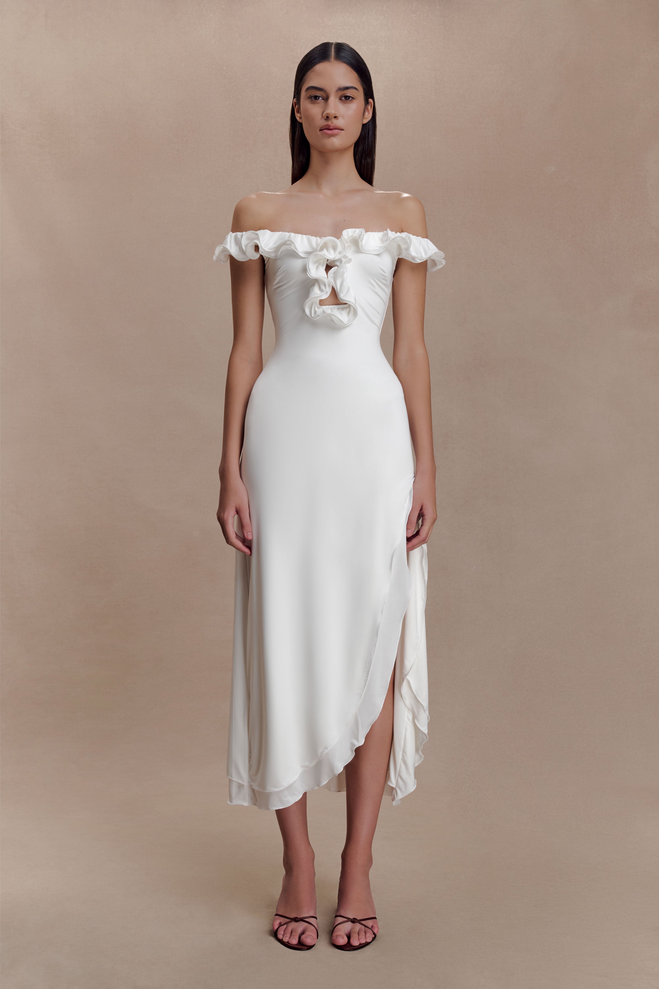 Allegra Off Shoulder Ruffle Midi Dress