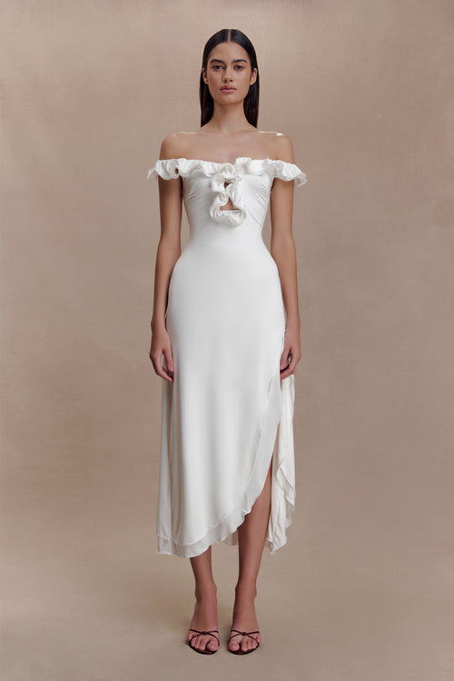 Allegra Off Shoulder Ruffle Midi Dress