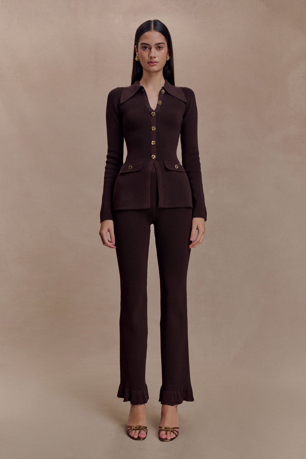 Suzie Ribbed Flared Trousers - Chocolate