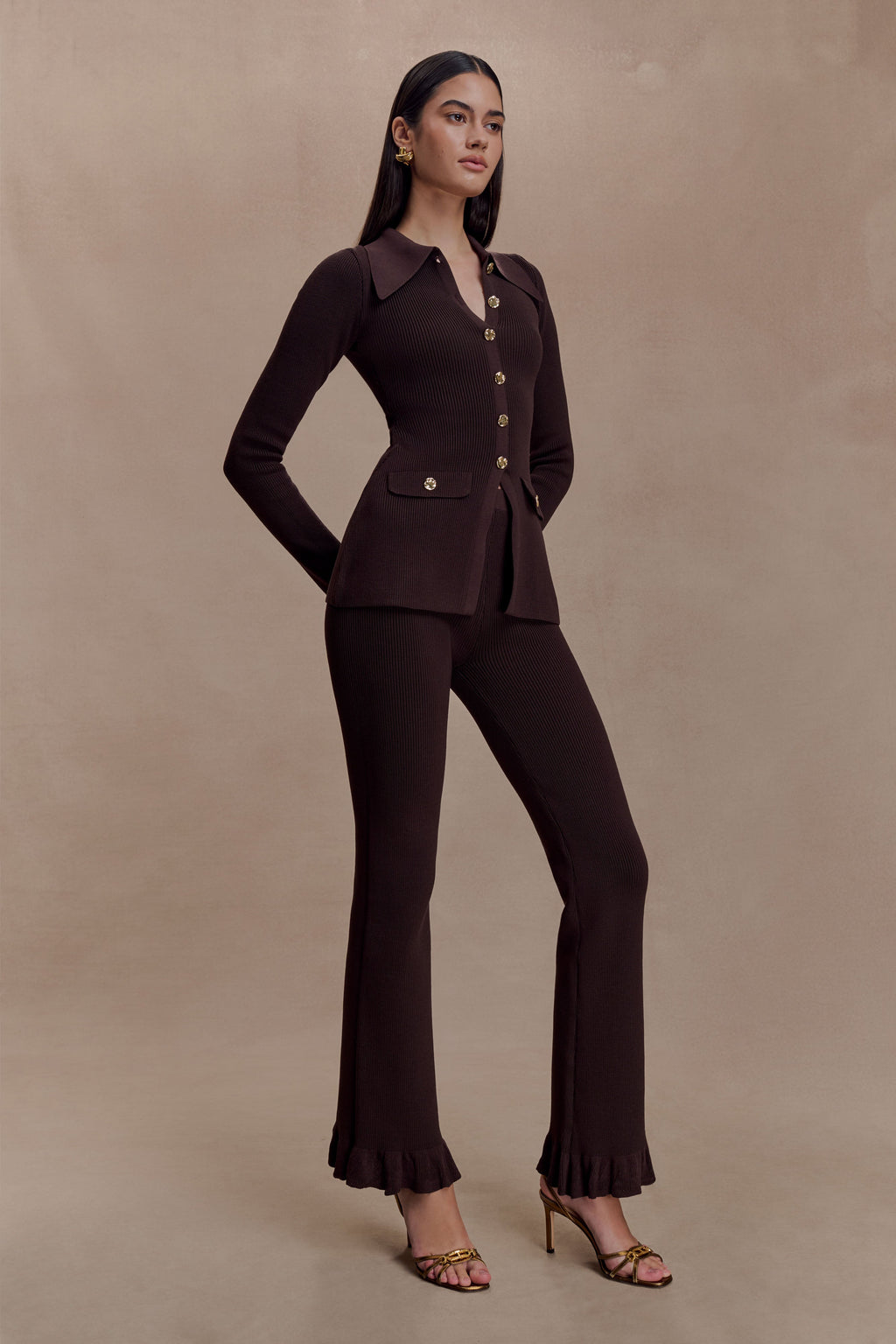 Suzie Ribbed Flared Trousers - Chocolate