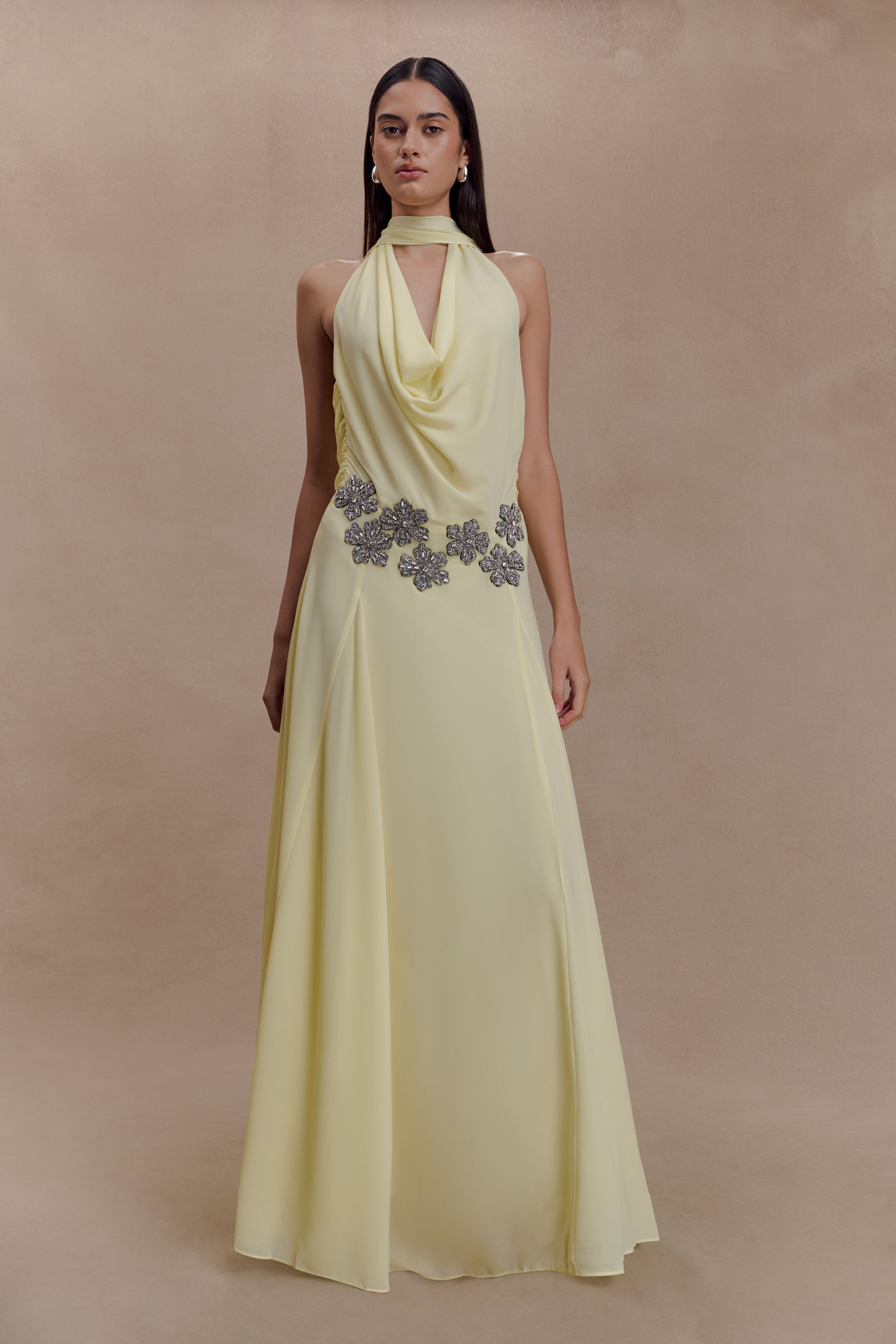 Santal Floral Chiffon Halter Maxi Dress