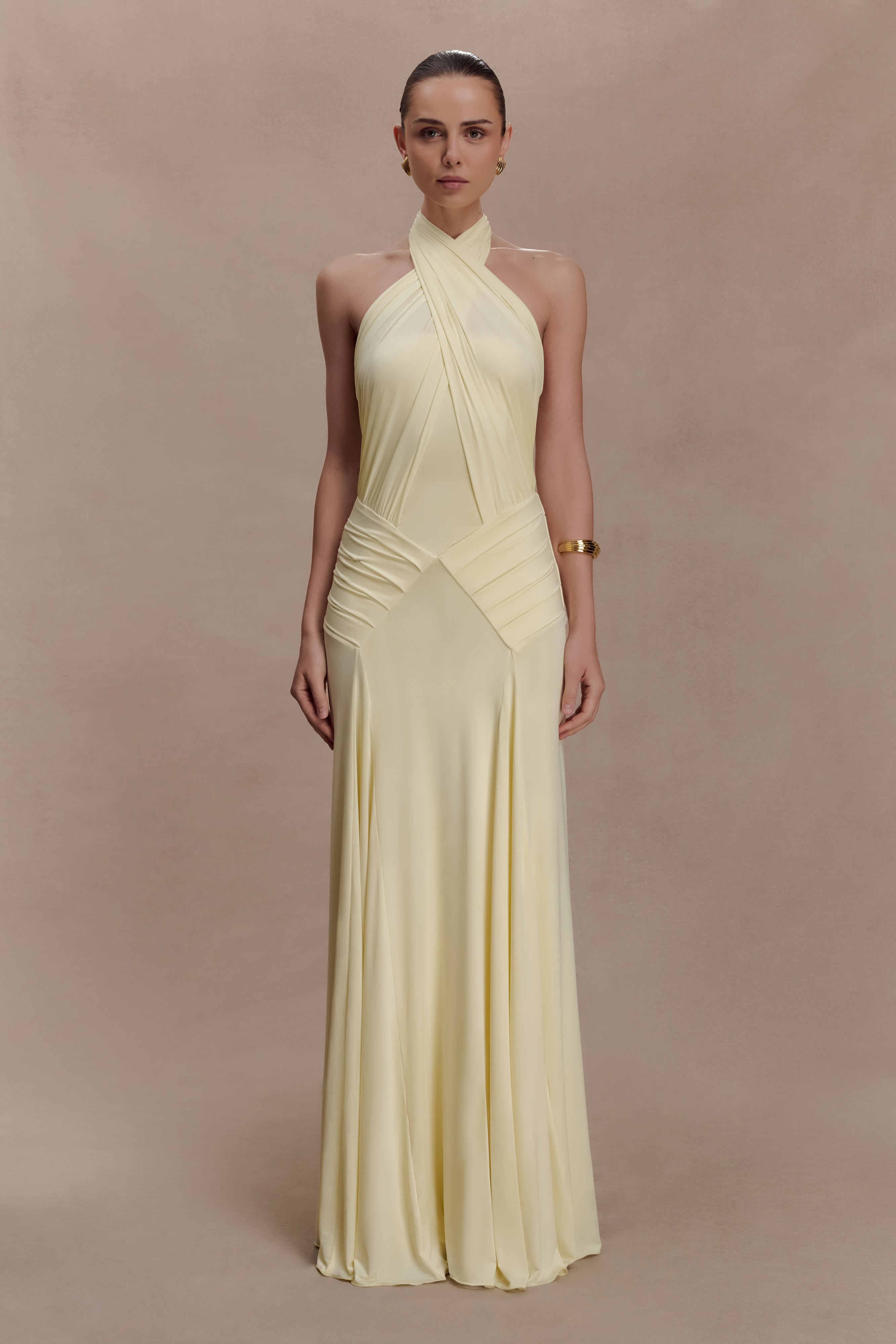 Indira Gathered Slinky Halter Maxi Dress