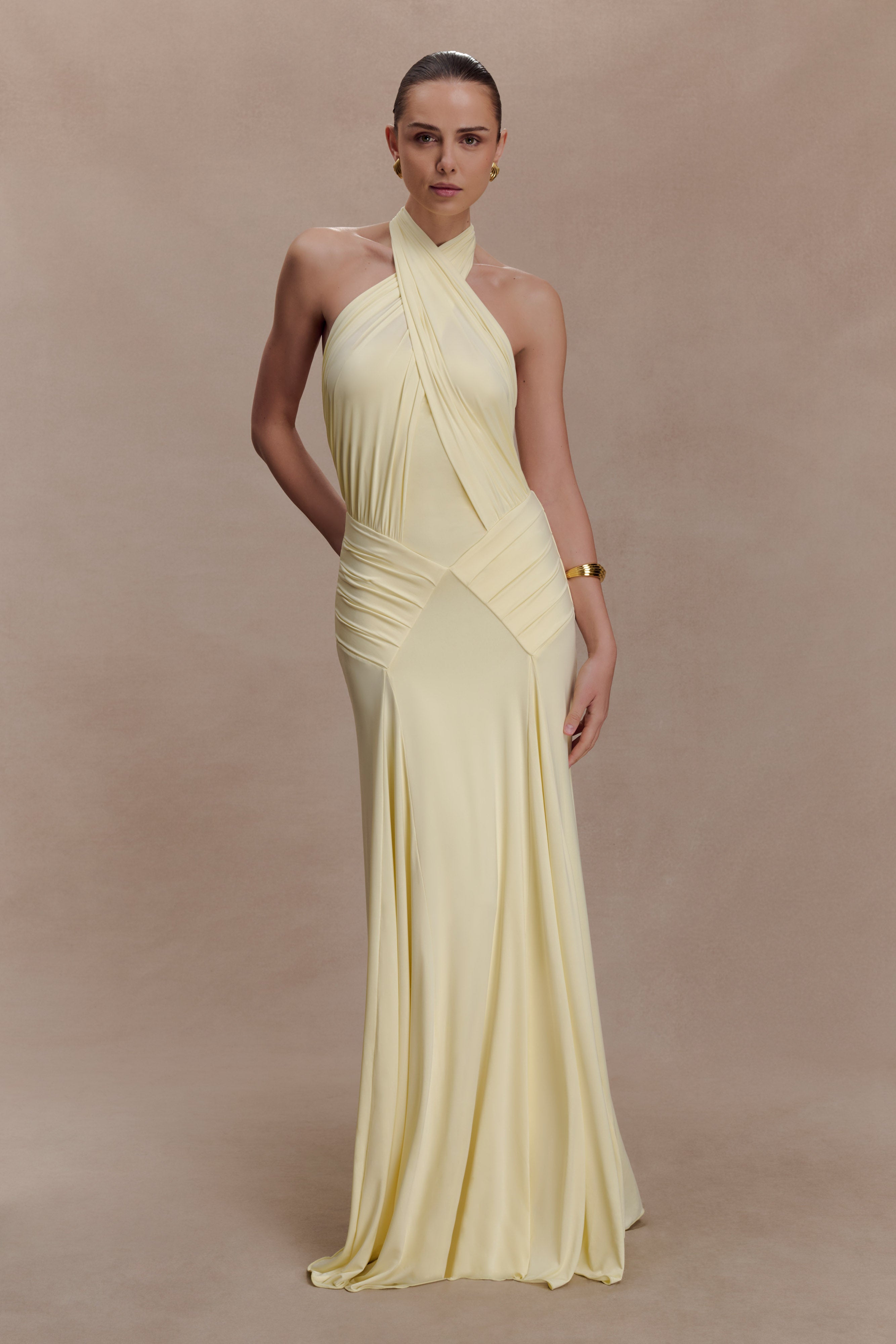 Indira Gathered Slinky Halter Maxi Dress