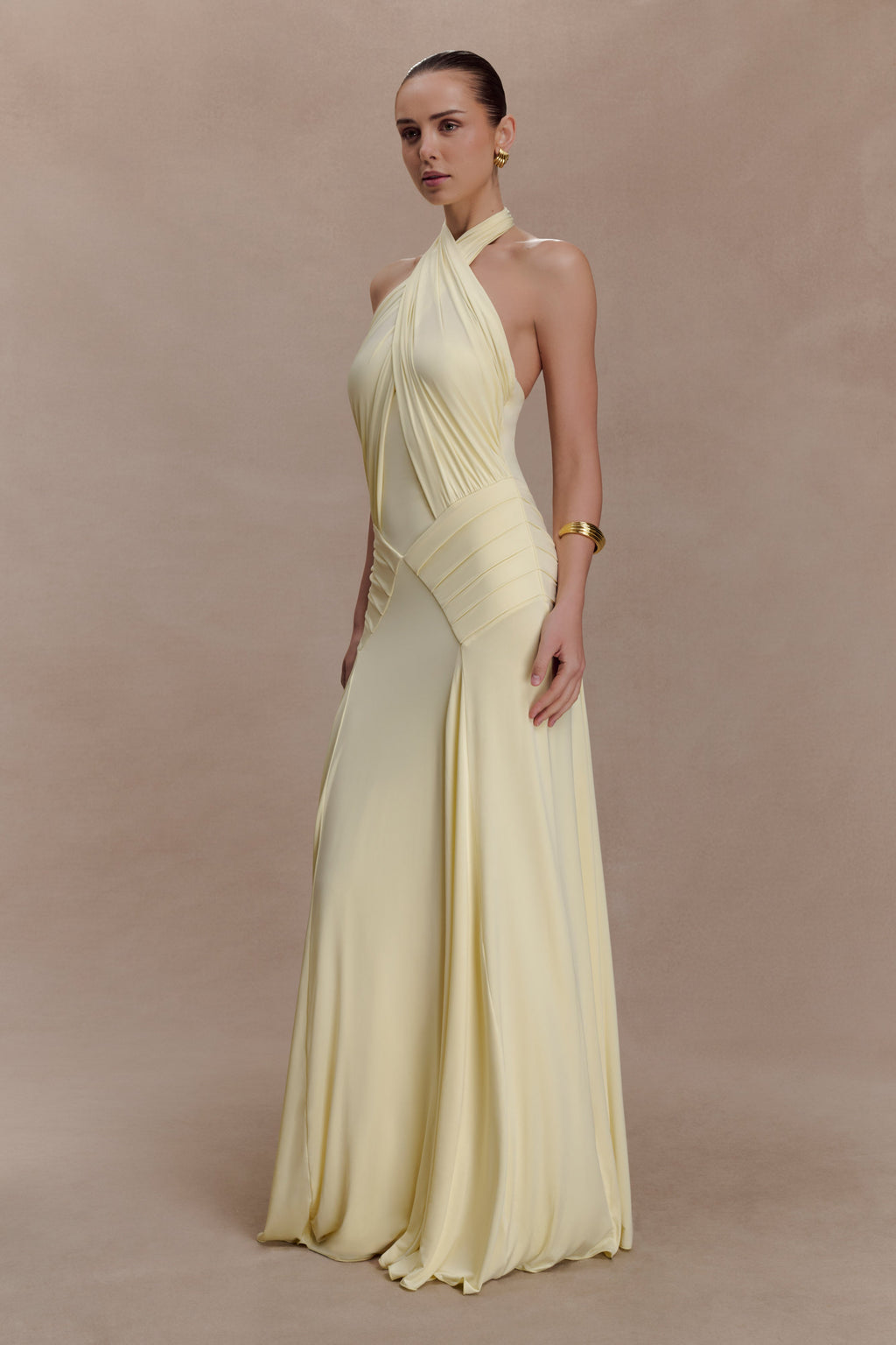 Indira Gathered Slinky Halter Maxi Dress