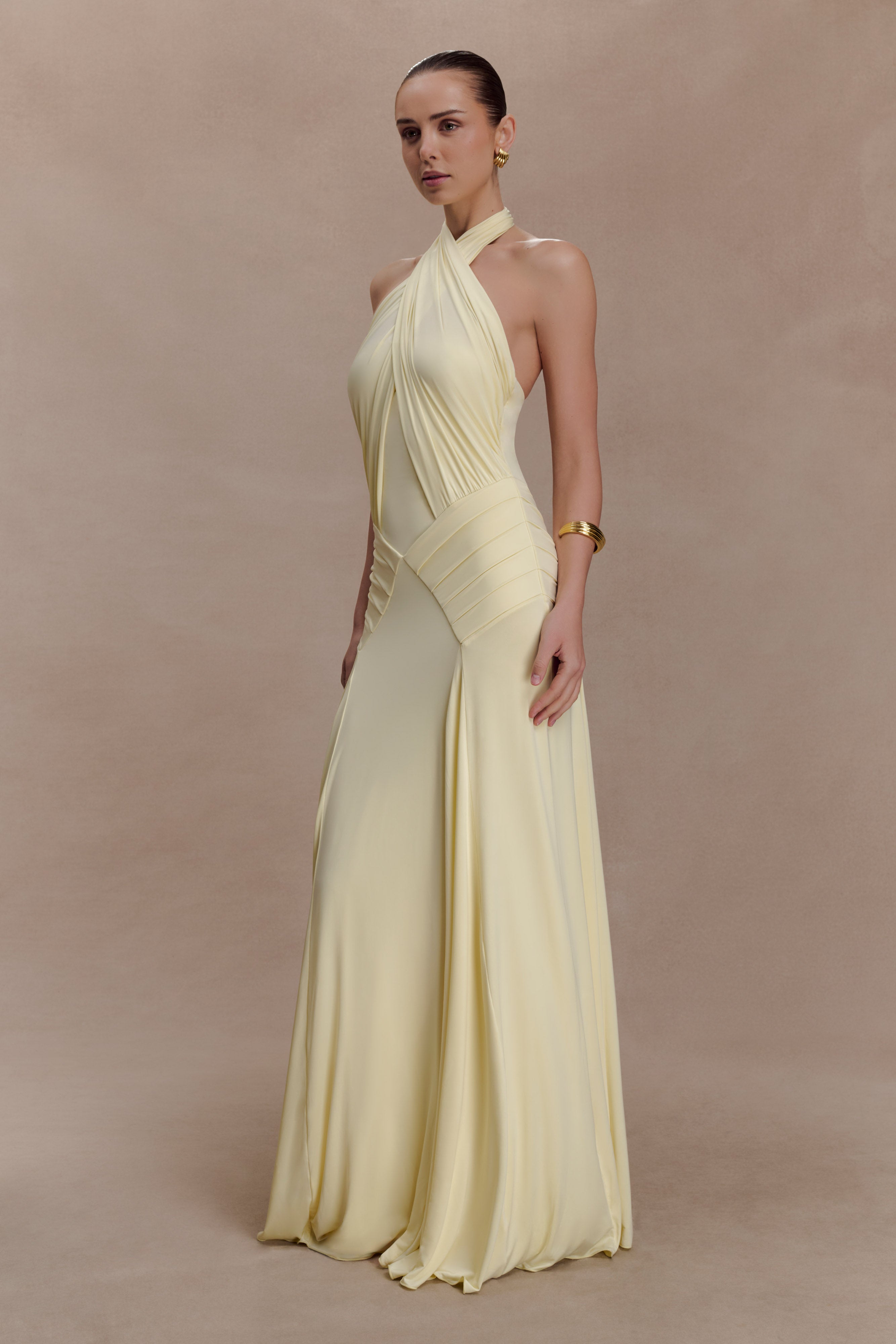 Indira Gathered Slinky Halter Maxi Dress
