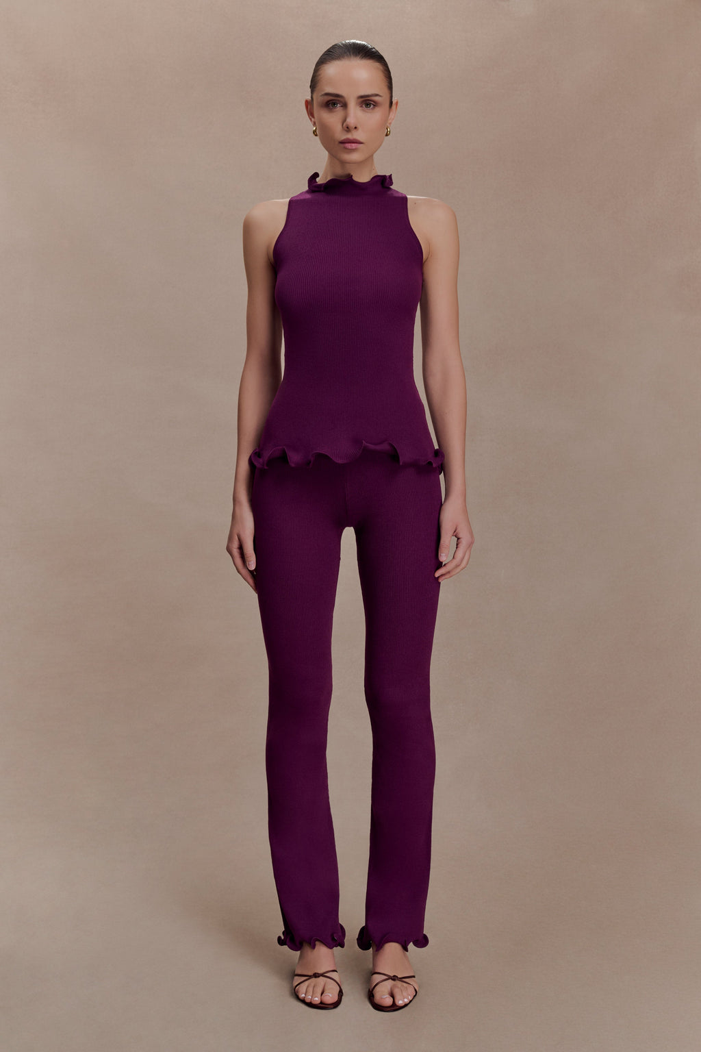 Diya Ribbed High Waisted Trousers With Wire Hem - Plum