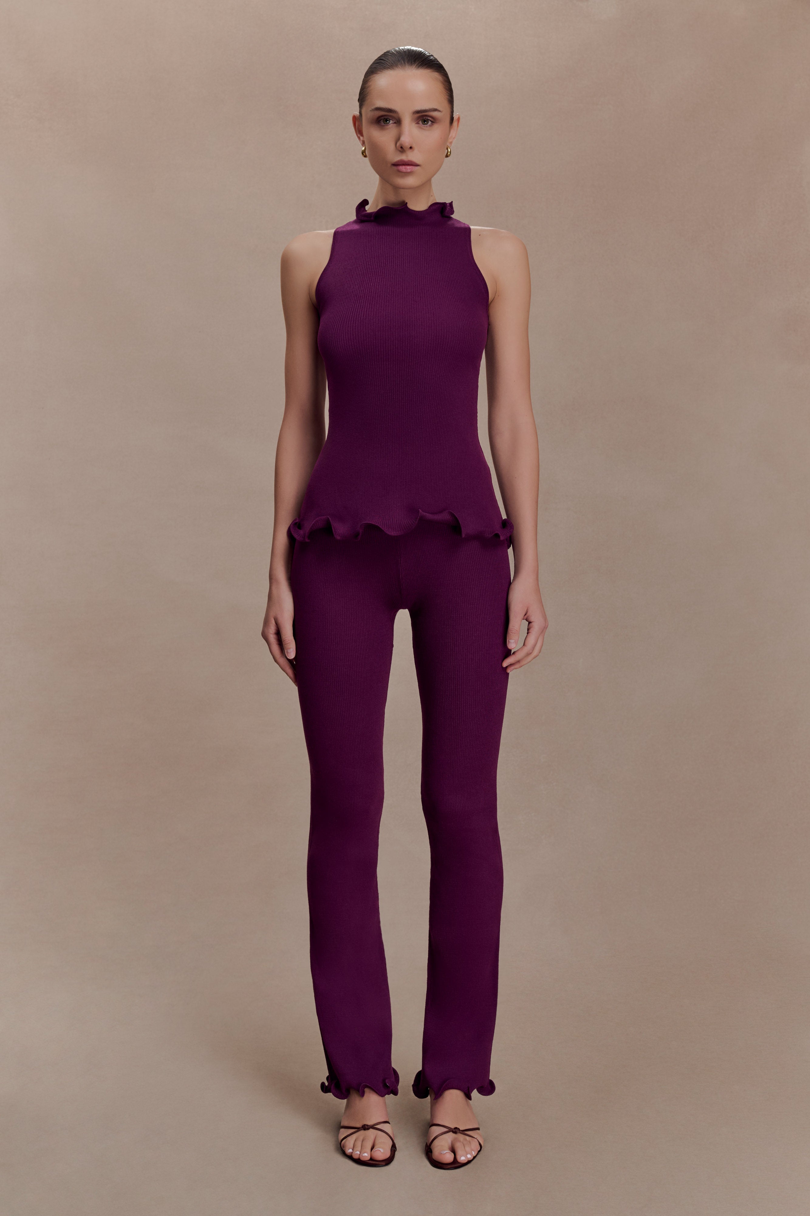 Diya Ribbed High Waisted Trousers With Wire Hem - Plum