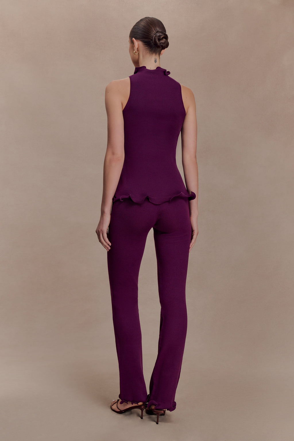 Diya Ribbed High Waisted Trousers With Wire Hem - Plum