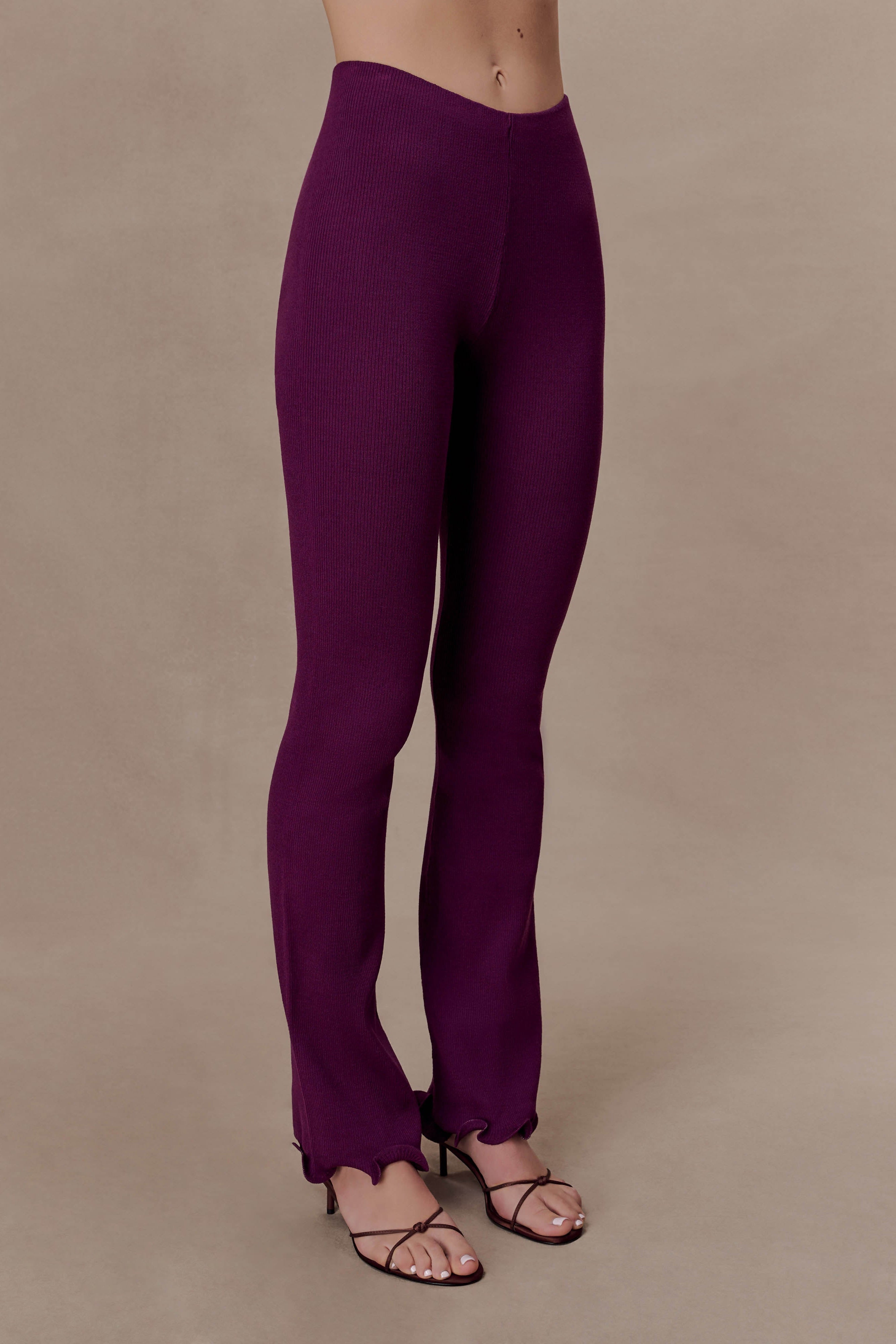 Diya Ribbed High Waisted Trousers With Wire Hem - Plum