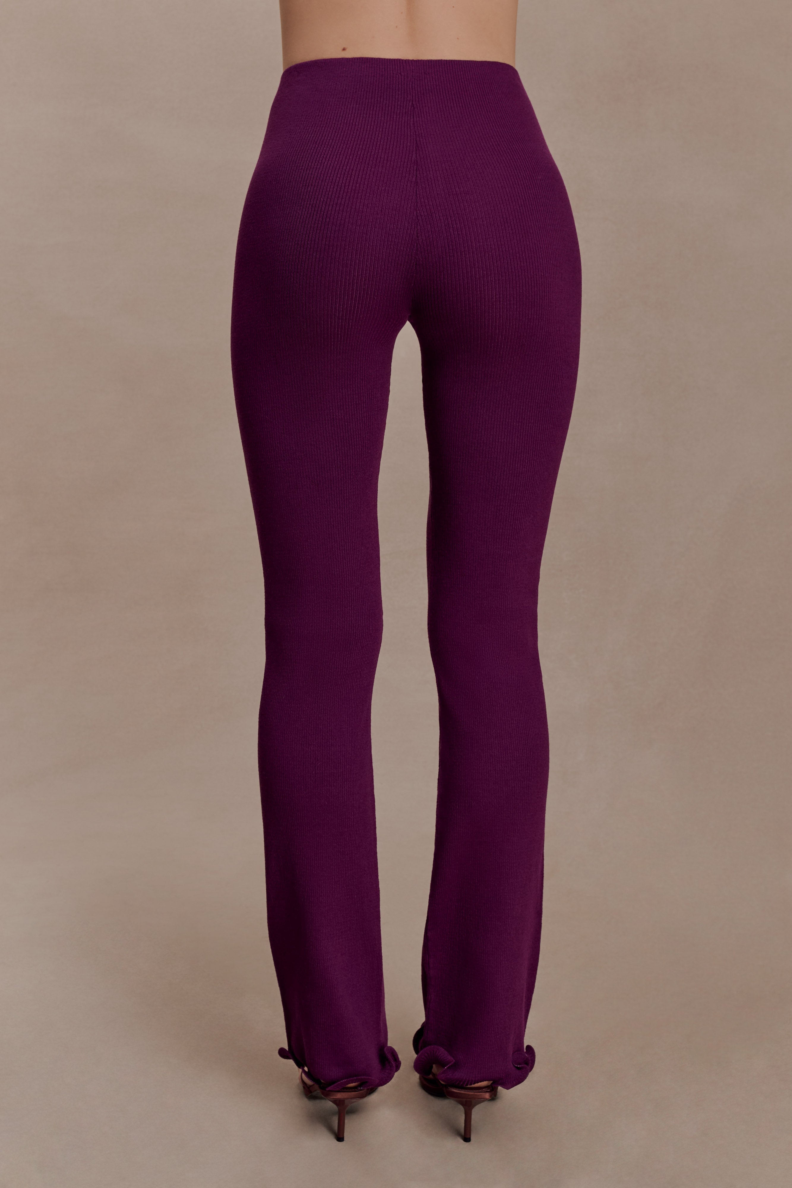 Diya Ribbed High Waisted Trousers With Wire Hem - Plum