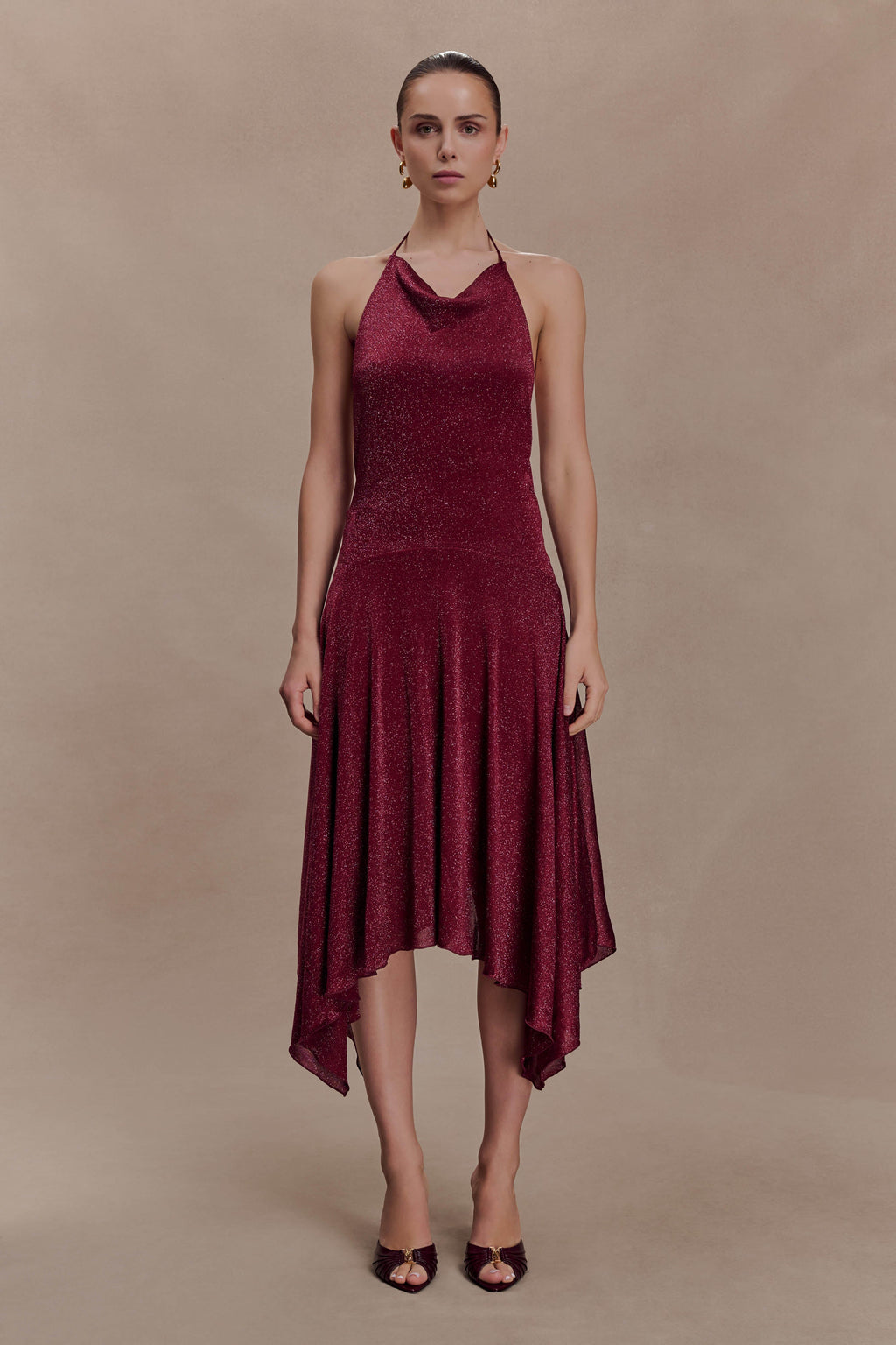 Sylvie Lurex Hankie Midi Dress in Wine – Chic&Drifts