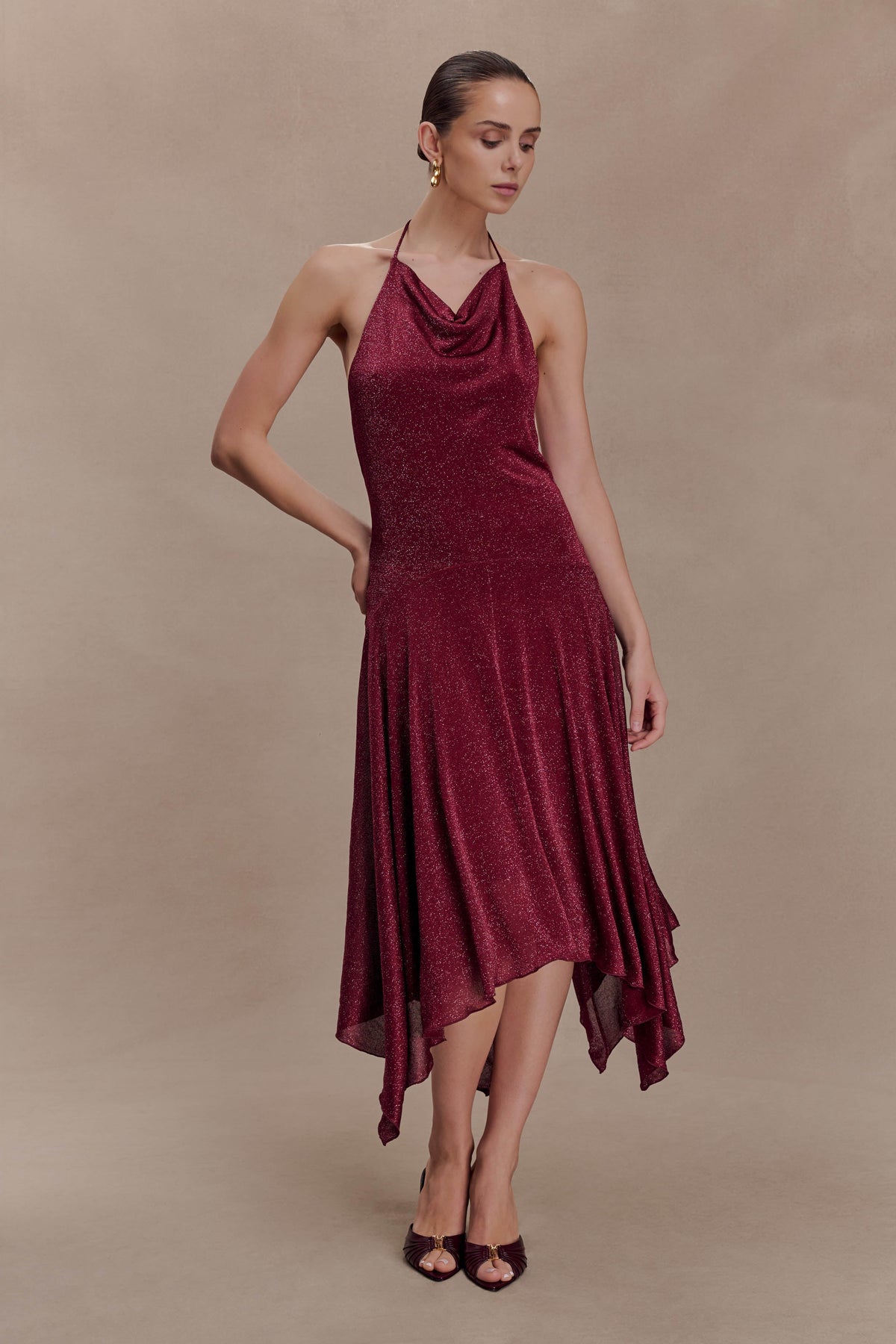 Sylvie Lurex Hankie Midi Dress in Wine – Chic&Drifts