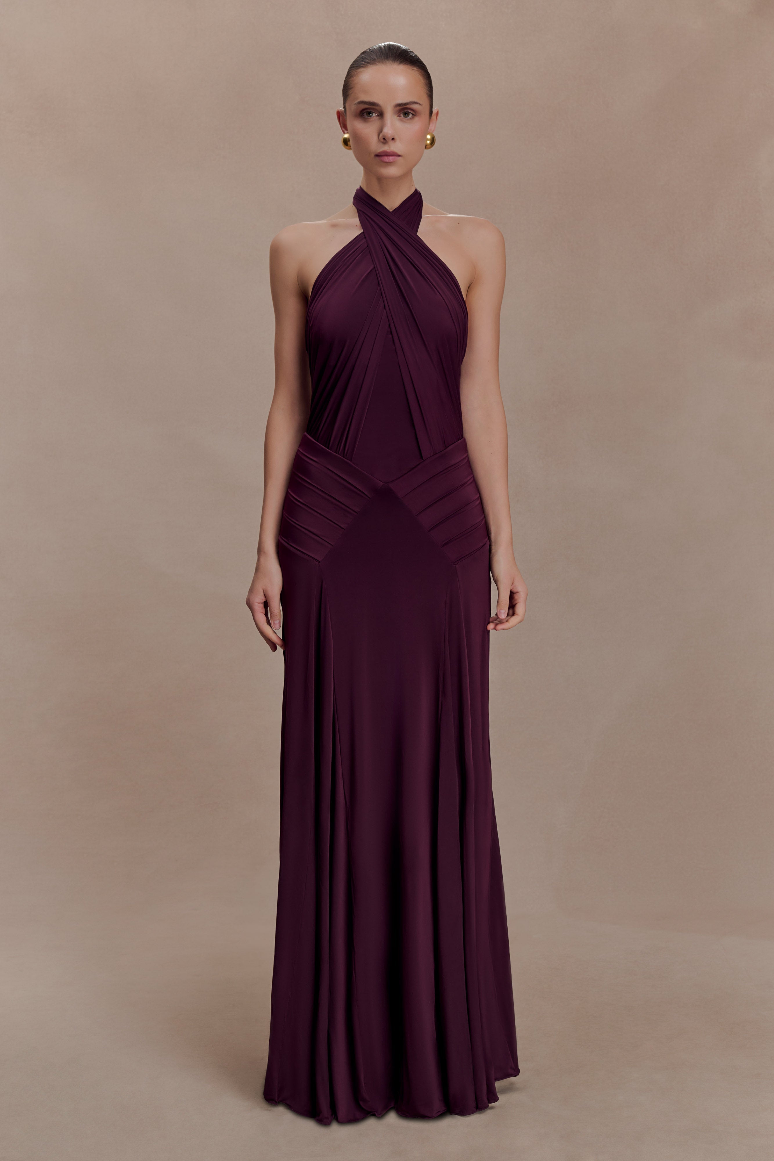 Indira Gathered Slinky Halter Maxi Dress