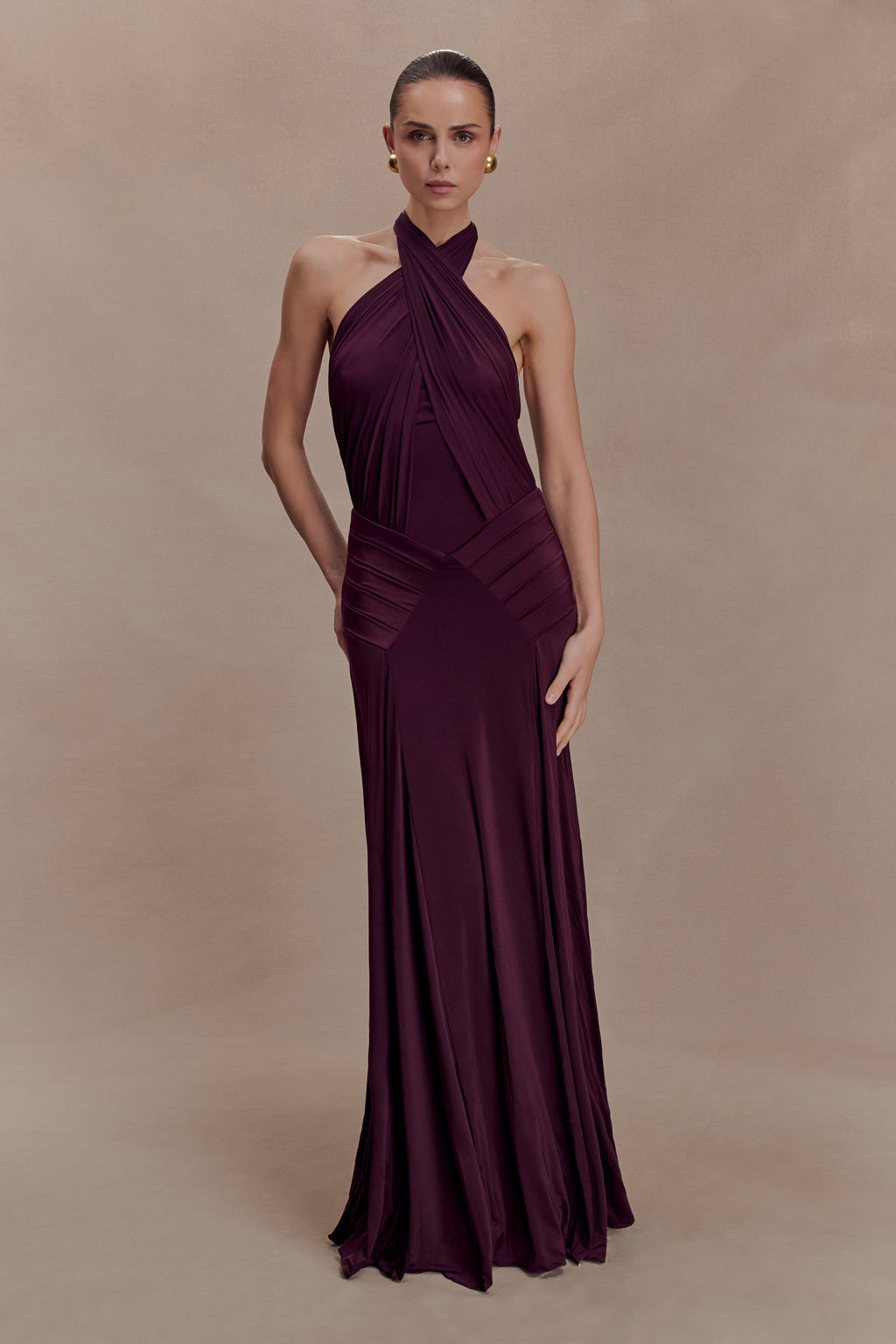 Indira Gathered Slinky Halter Maxi Dress