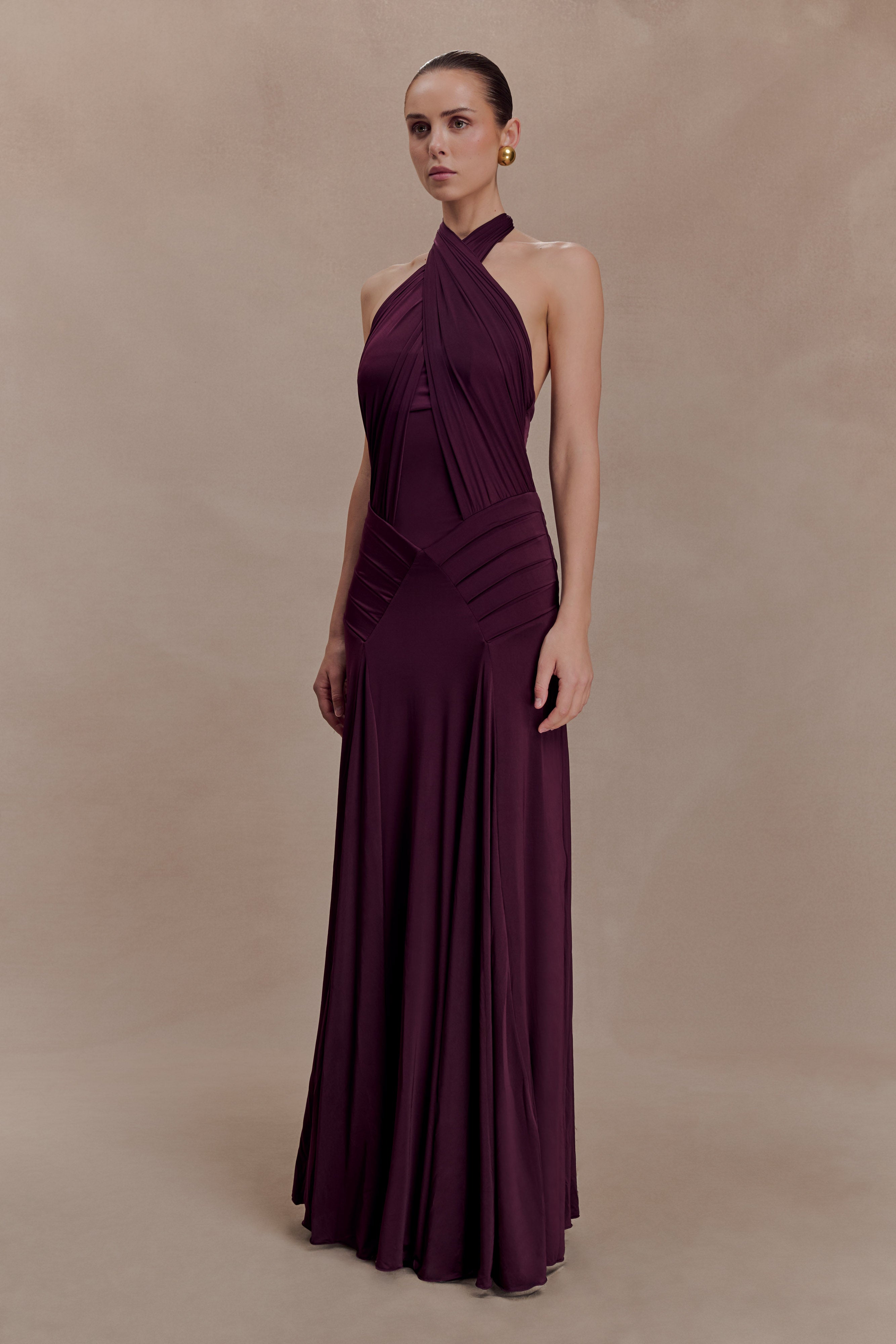 Indira Gathered Slinky Halter Maxi Dress