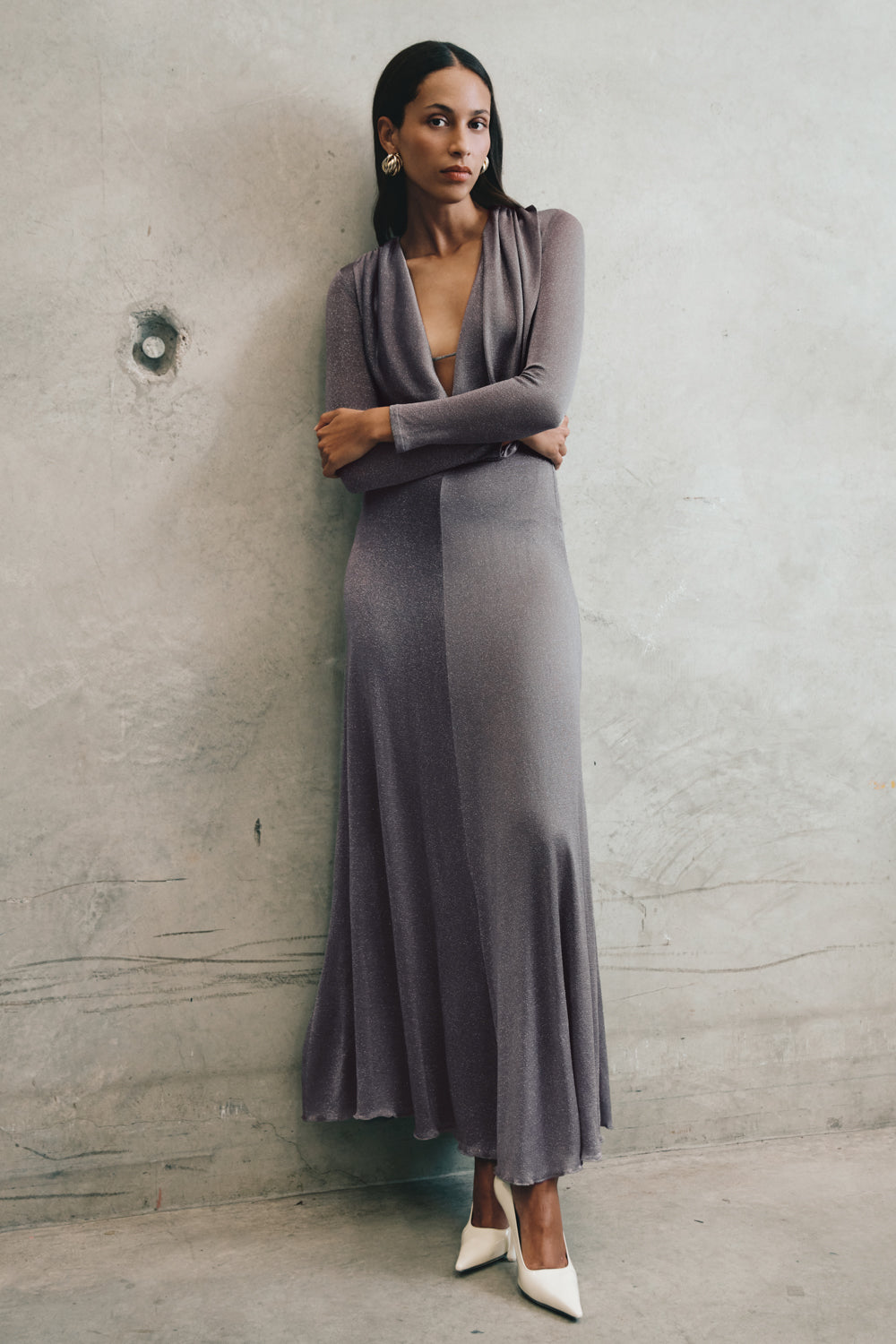 Scarlet Lurex Cowl Maxi Dress in Silver – Chic&Drifts