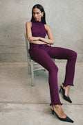 Diya Ribbed High Waisted Trousers With Wire Hem - Plum