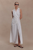Dante Ruched Linen Midi Dress in White – Chic&Drifts