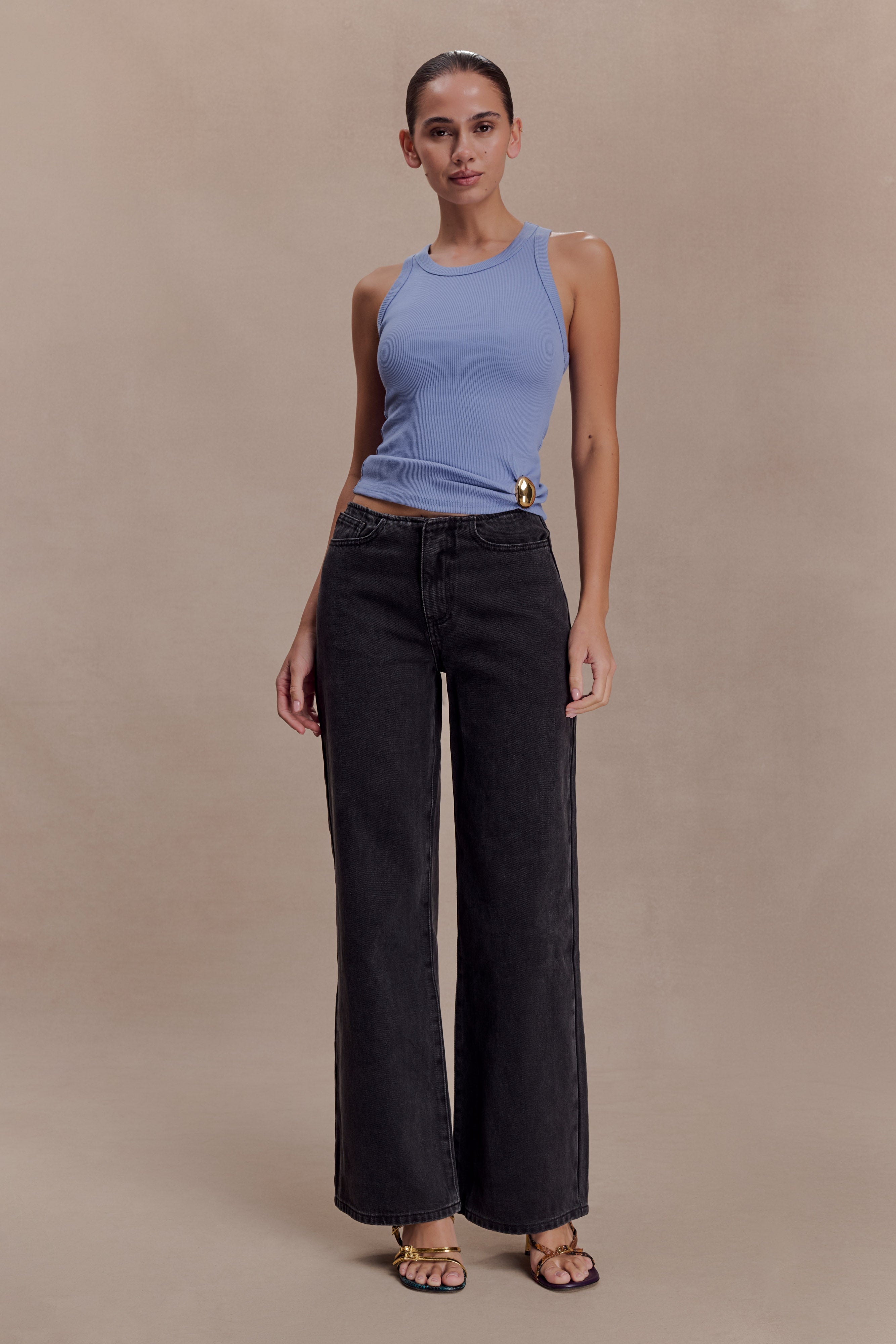 Lola Ribbed Sleeveless Top With Hardware - Cornflower Blue