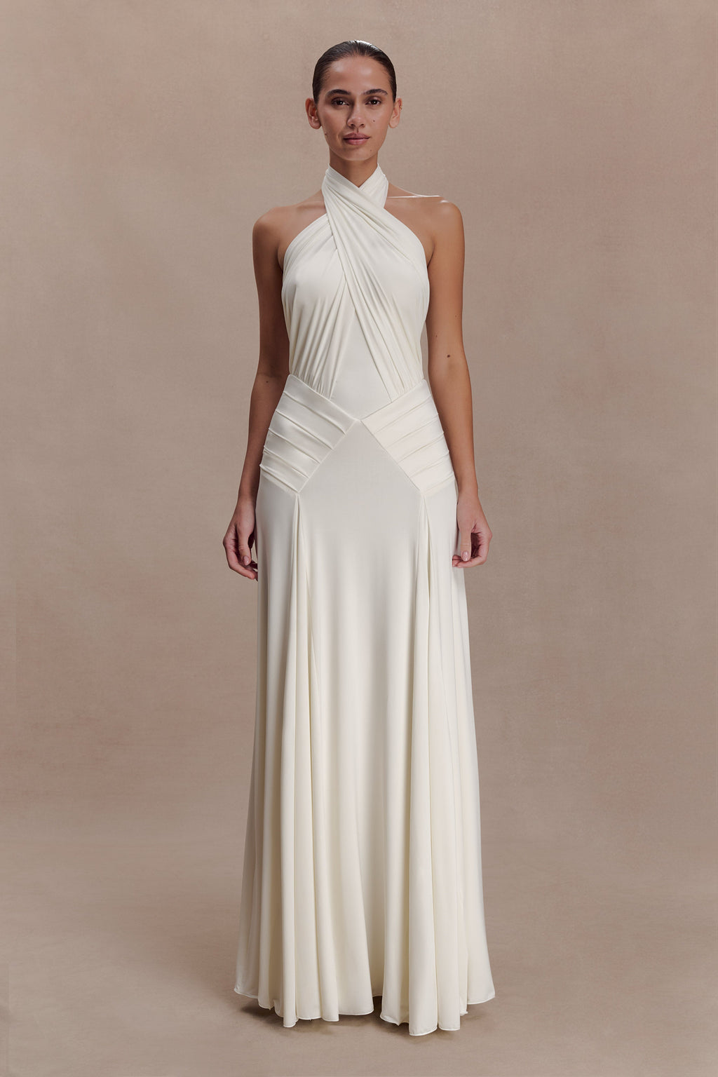 Indira Gathered Slinky Halter Maxi Dress