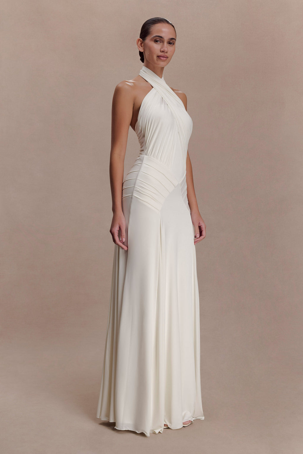 Indira Gathered Slinky Halter Maxi Dress