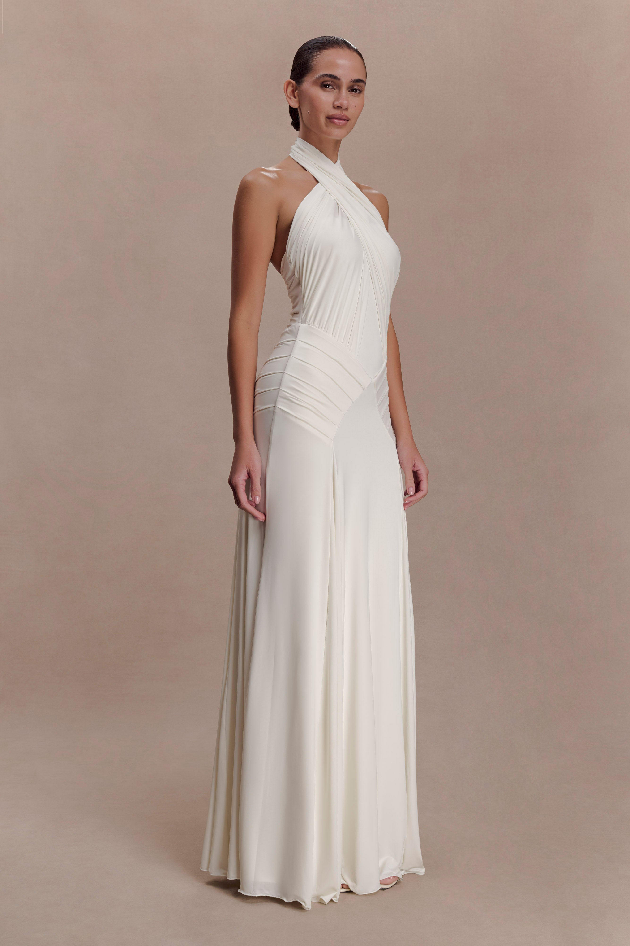 Indira Gathered Slinky Halter Maxi Dress