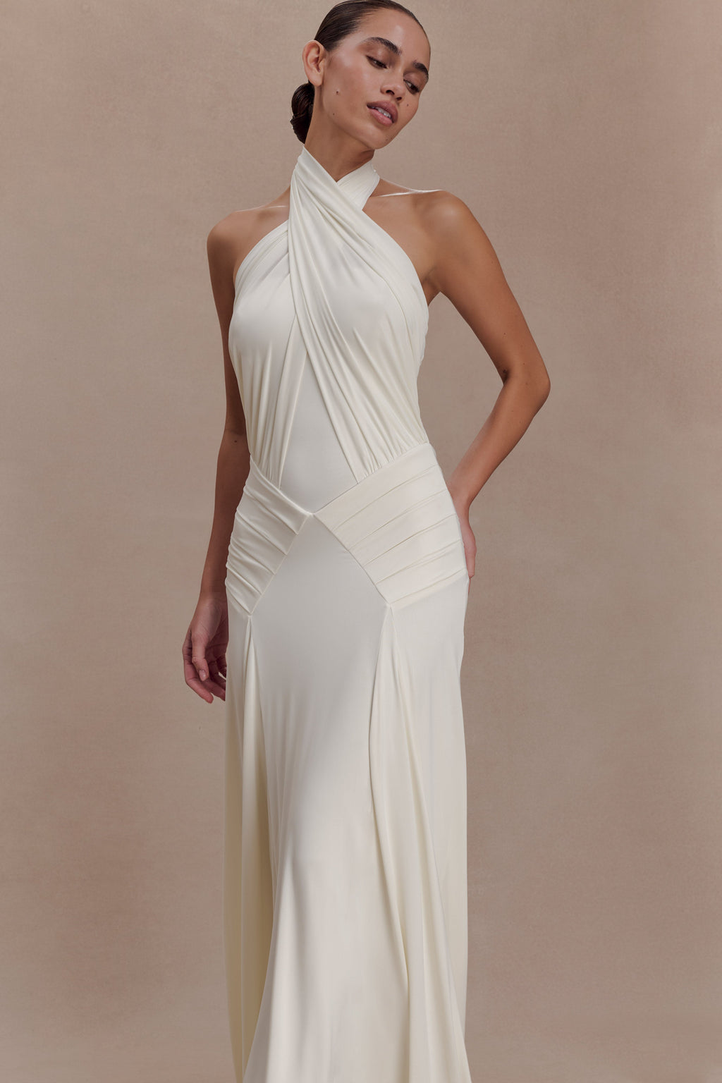 Indira Gathered Slinky Halter Maxi Dress