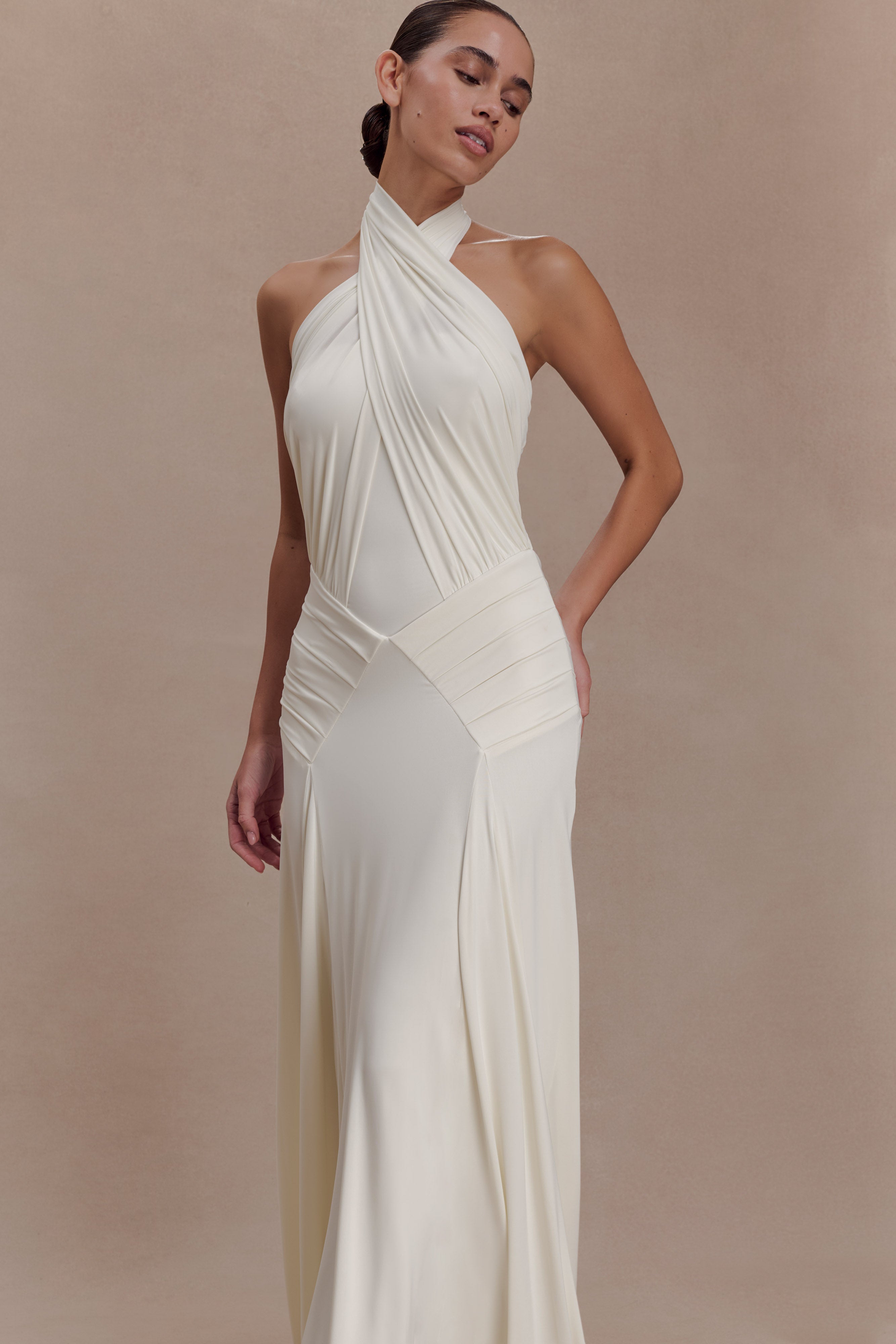 Indira Gathered Slinky Halter Maxi Dress