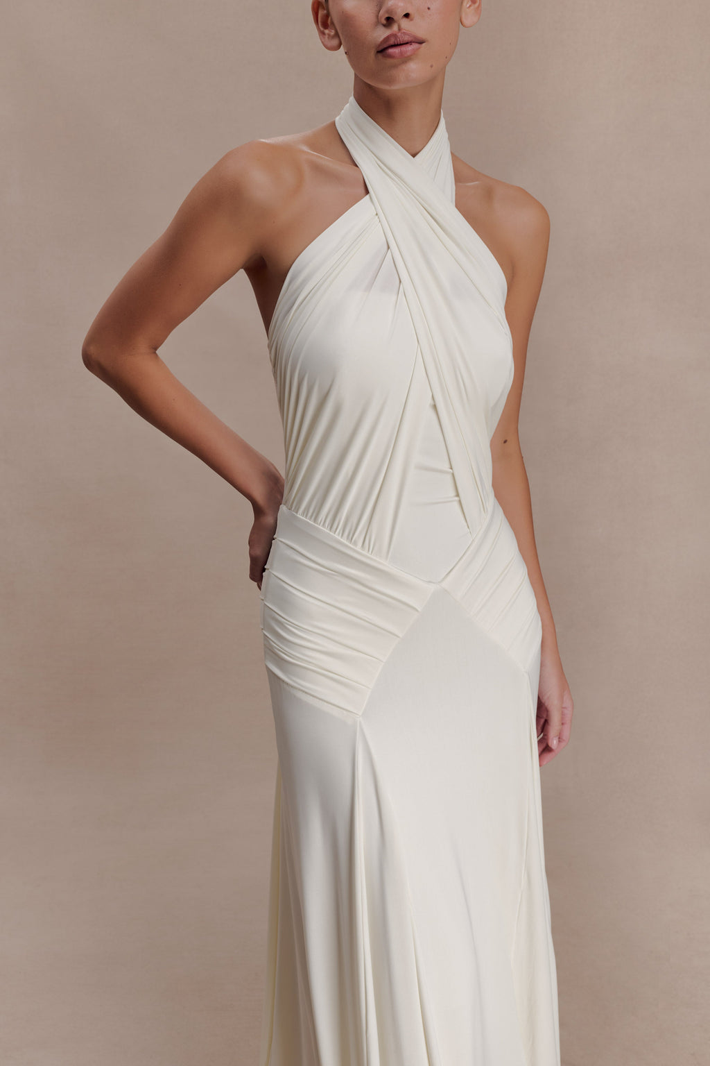 Indira Gathered Slinky Halter Maxi Dress