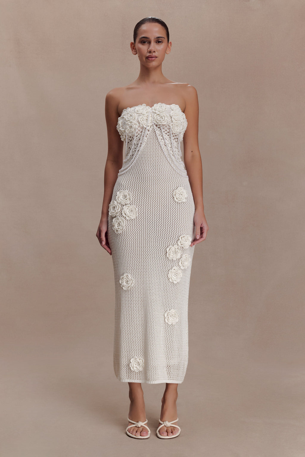 Samantha Crochet Midi Dress With Flowers in Ivory – Chic&Drifts