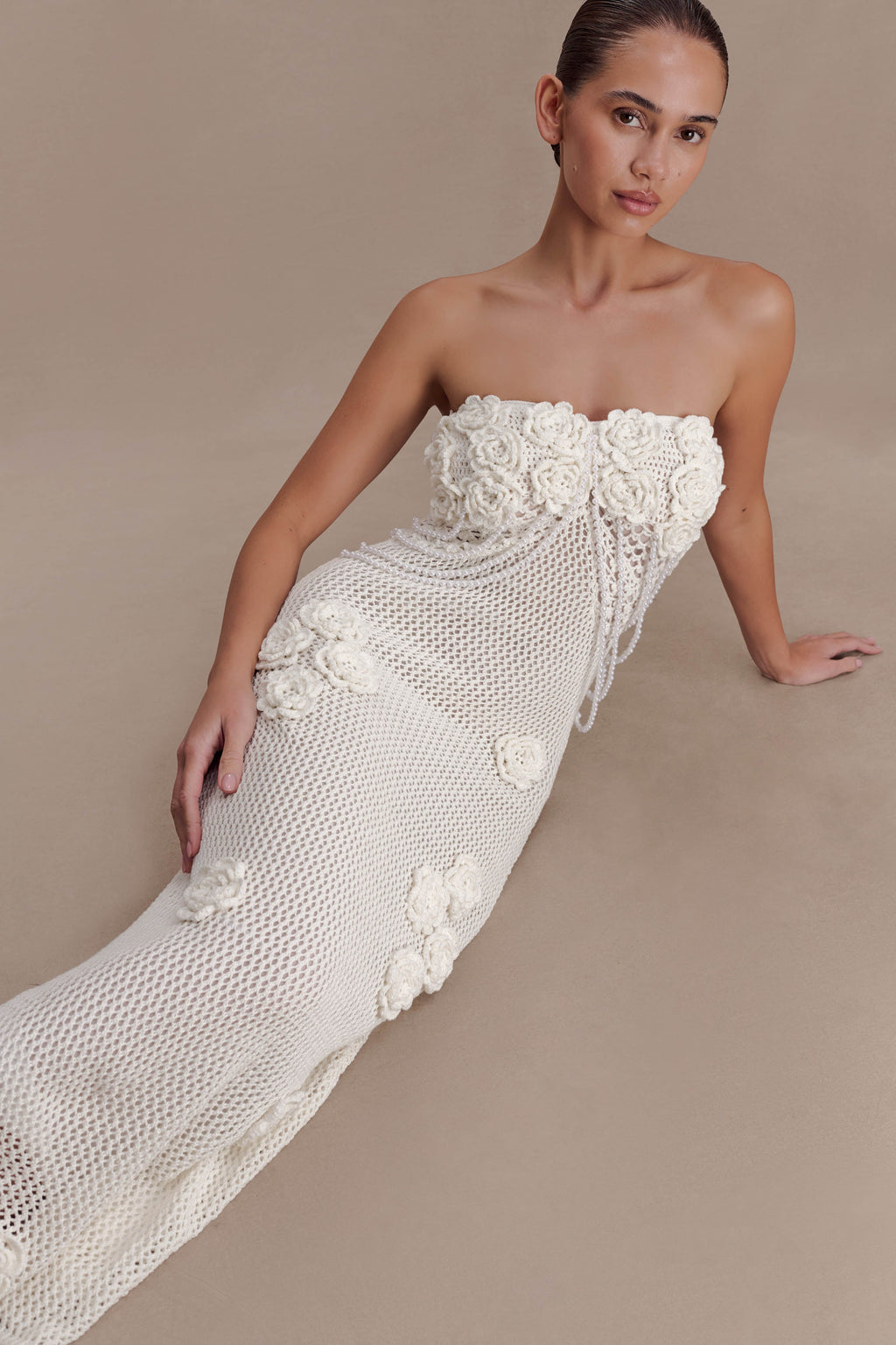 Samantha Crochet Midi Dress With Flowers in Ivory – Chic&Drifts