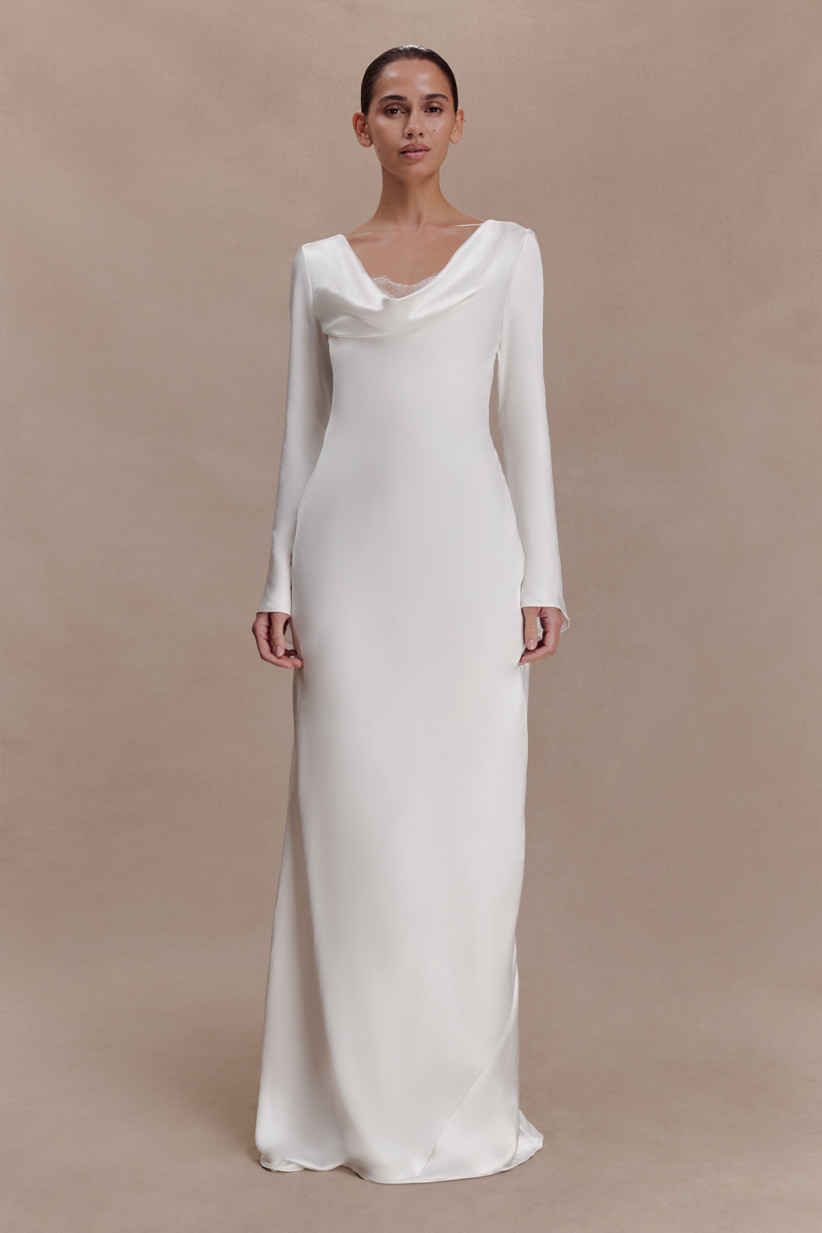 Eliza Long Sleeve Cowl Lace And Satin Maxi Dress