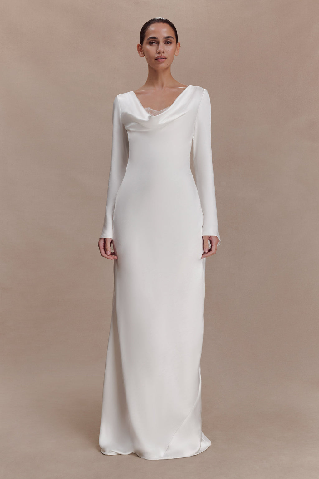 Eliza Long Sleeve Cowl Lace And Satin Maxi Dress in Ivory – Chic&Drifts