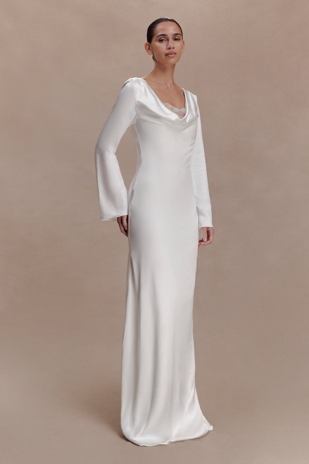 Eliza Long Sleeve Cowl Lace And Satin Maxi Dress in Ivory – Chic&Drifts