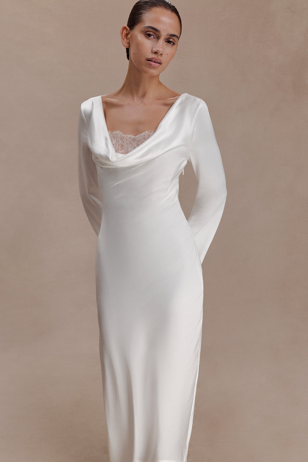 Eliza Long Sleeve Cowl Lace And Satin Maxi Dress in Ivory – Chic&Drifts