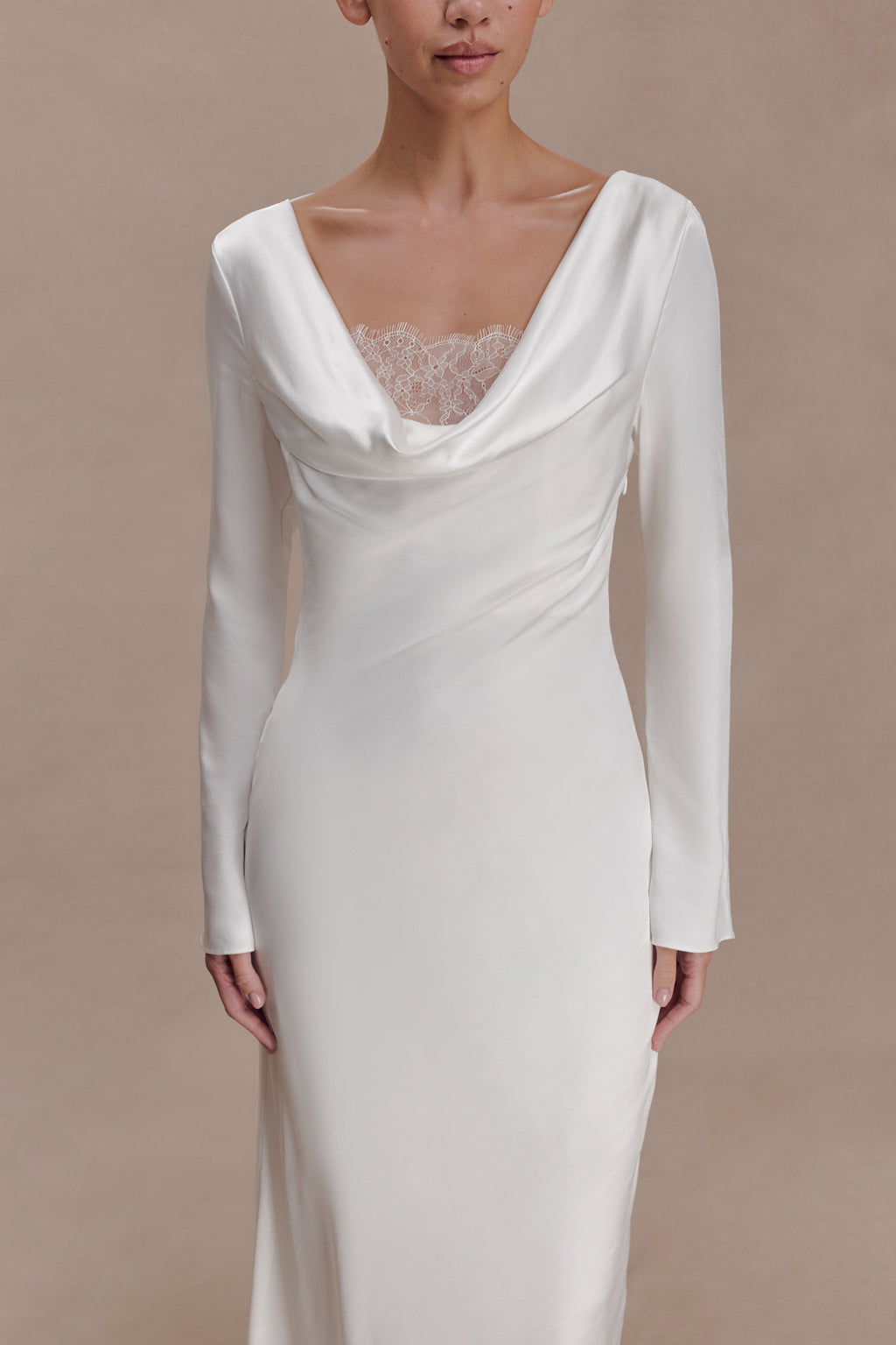 Eliza Long Sleeve Cowl Lace And Satin Maxi Dress in Ivory – Chic&Drifts