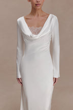 Eliza Long Sleeve Cowl Lace And Satin Maxi Dress in Ivory – Chic&Drifts