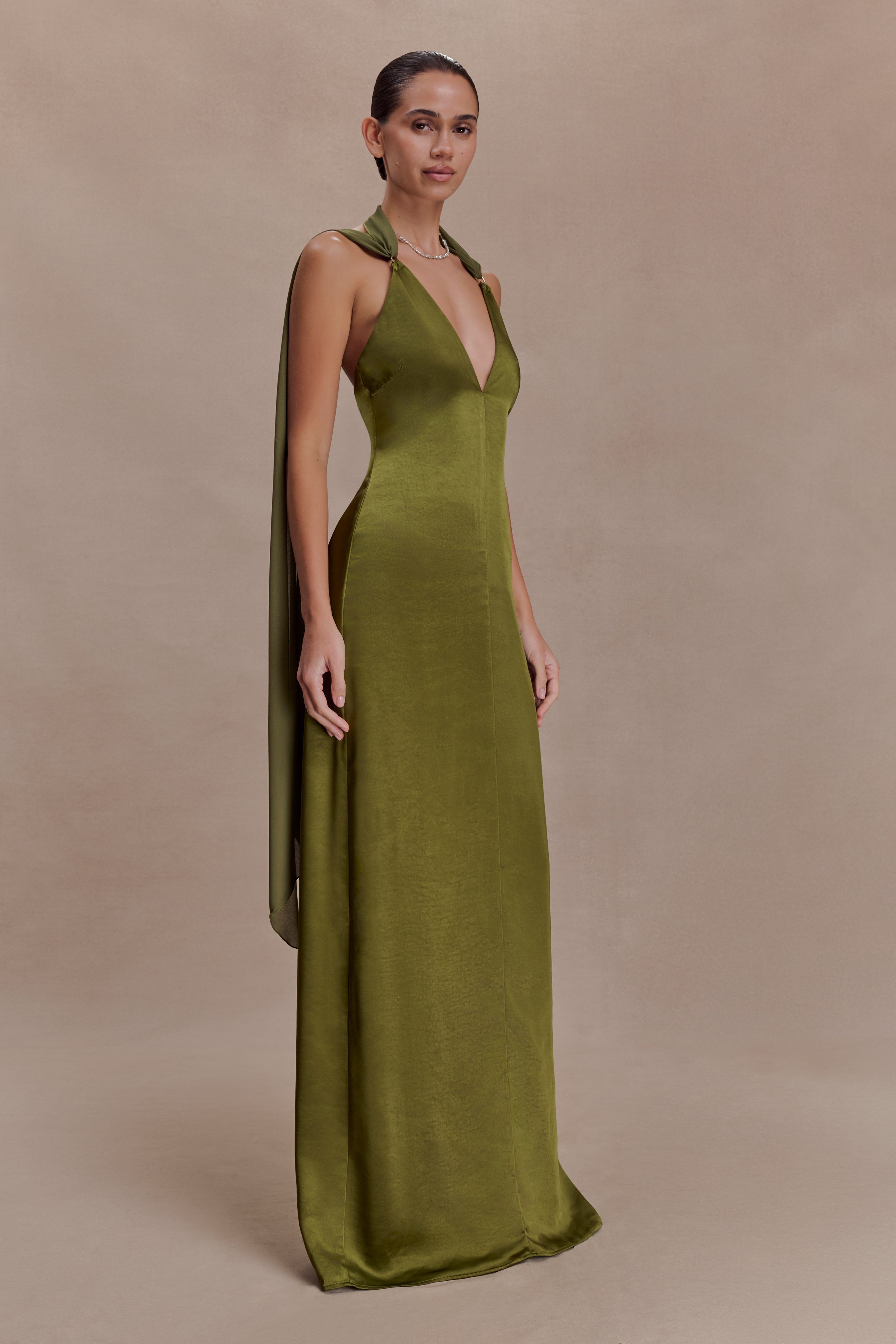 Myla Draped Shoulders Satin Maxi Dress